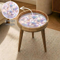 Mango Wood Round Side Table | Holographic Floral Print, Glass Top Nightstand