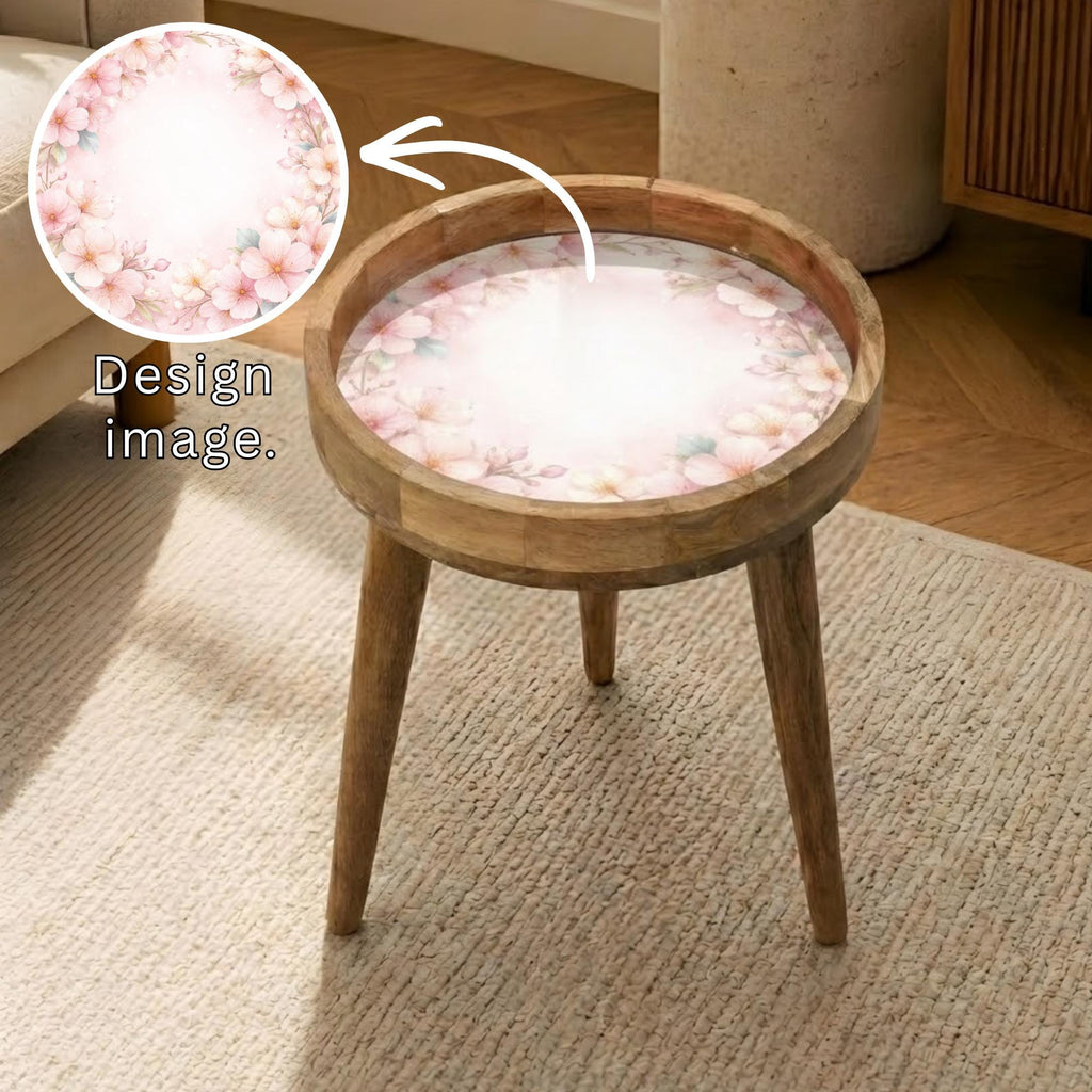 Printed Mango Wood Side Table | Cherry Blossom Round Nightstand | Handmade Sakura Accent Table