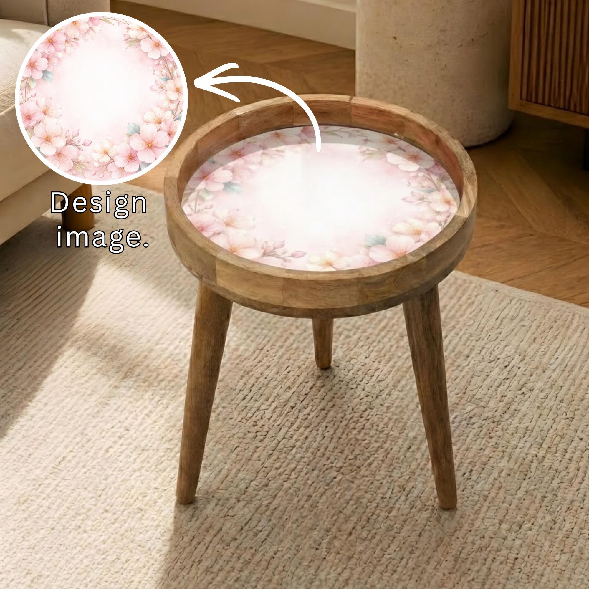 Printed Mango Wood Side Table | Cherry Blossom Round Nightstand | Handmade Sakura Accent Table
