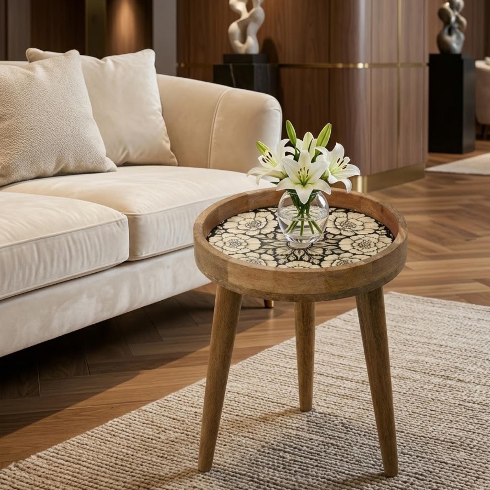 Handmade Mango Wood Side Table | Floral Print Round Accent Bedside Table