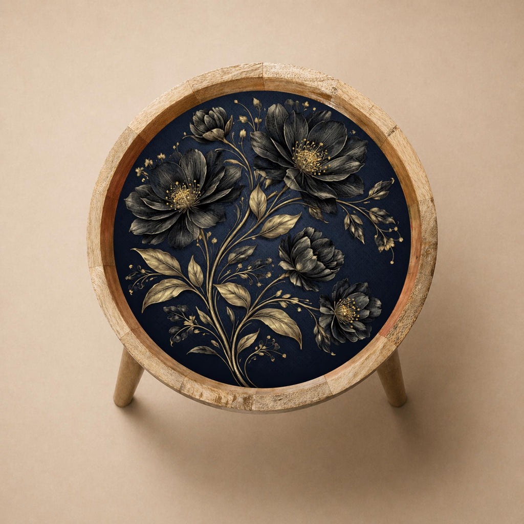 Mango Wood Side Table | Navy Gold Floral Print, Handmade Nightstand, Botanical Accent Table