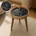 Mango Wood Side Table | Navy Gold Floral Print, Handmade Nightstand, Botanical Accent Table