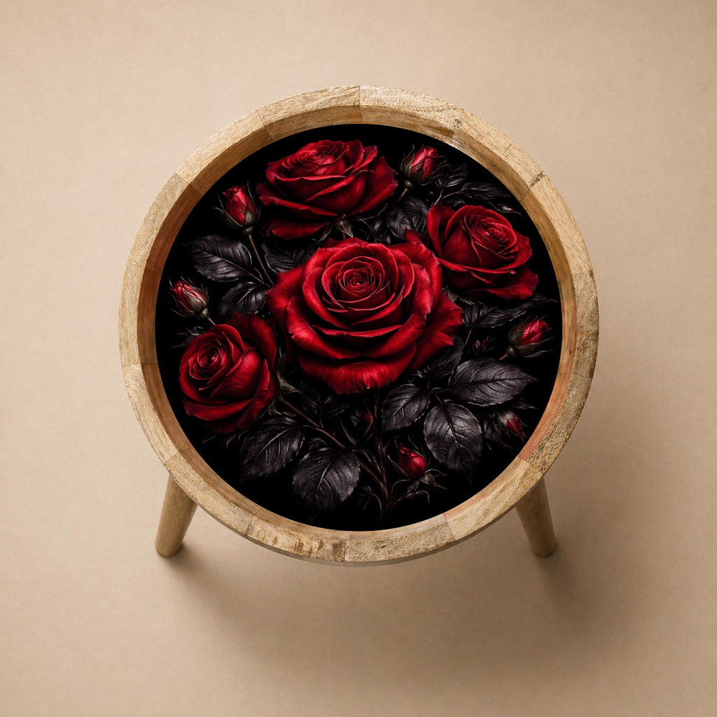 Printed Mango Wood Side Table | Dark Floral Red Rose Round End Table