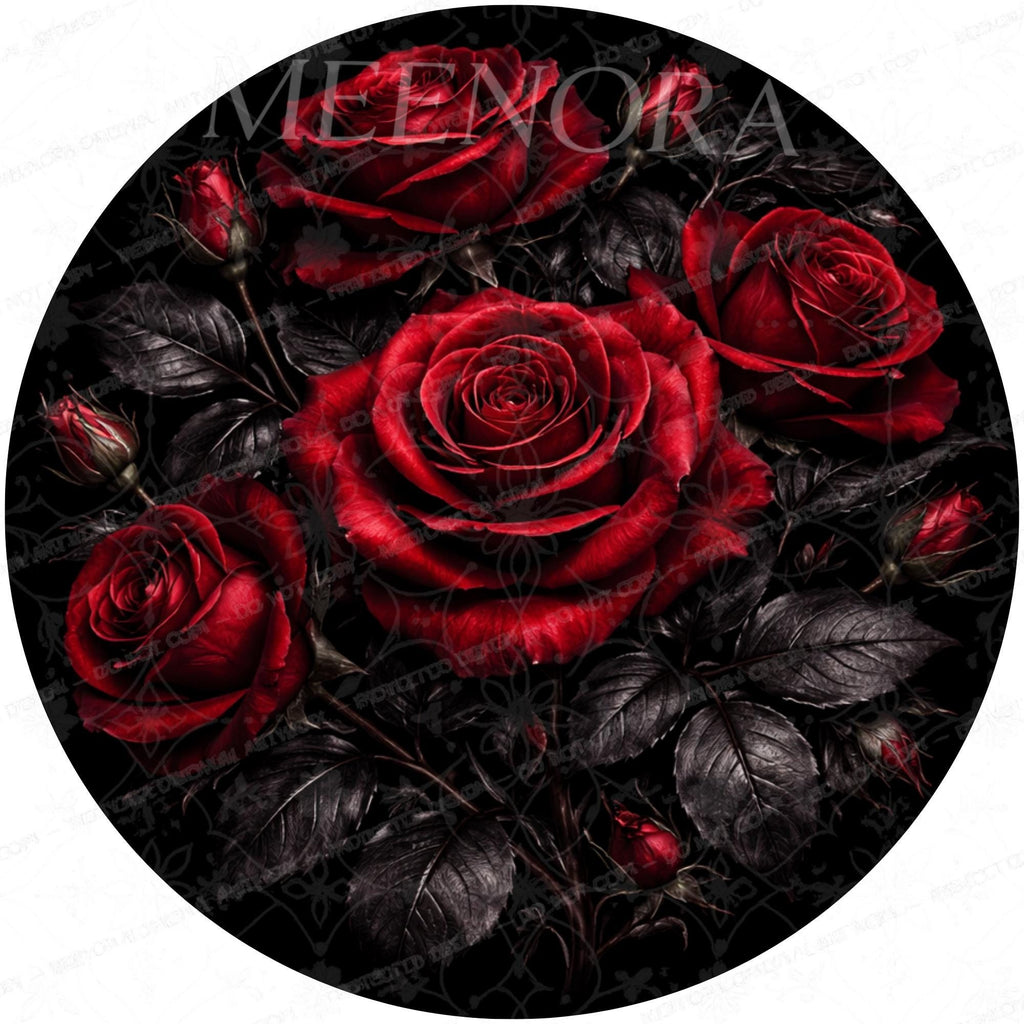 Printed Mango Wood Side Table | Dark Floral Red Rose Round End Table