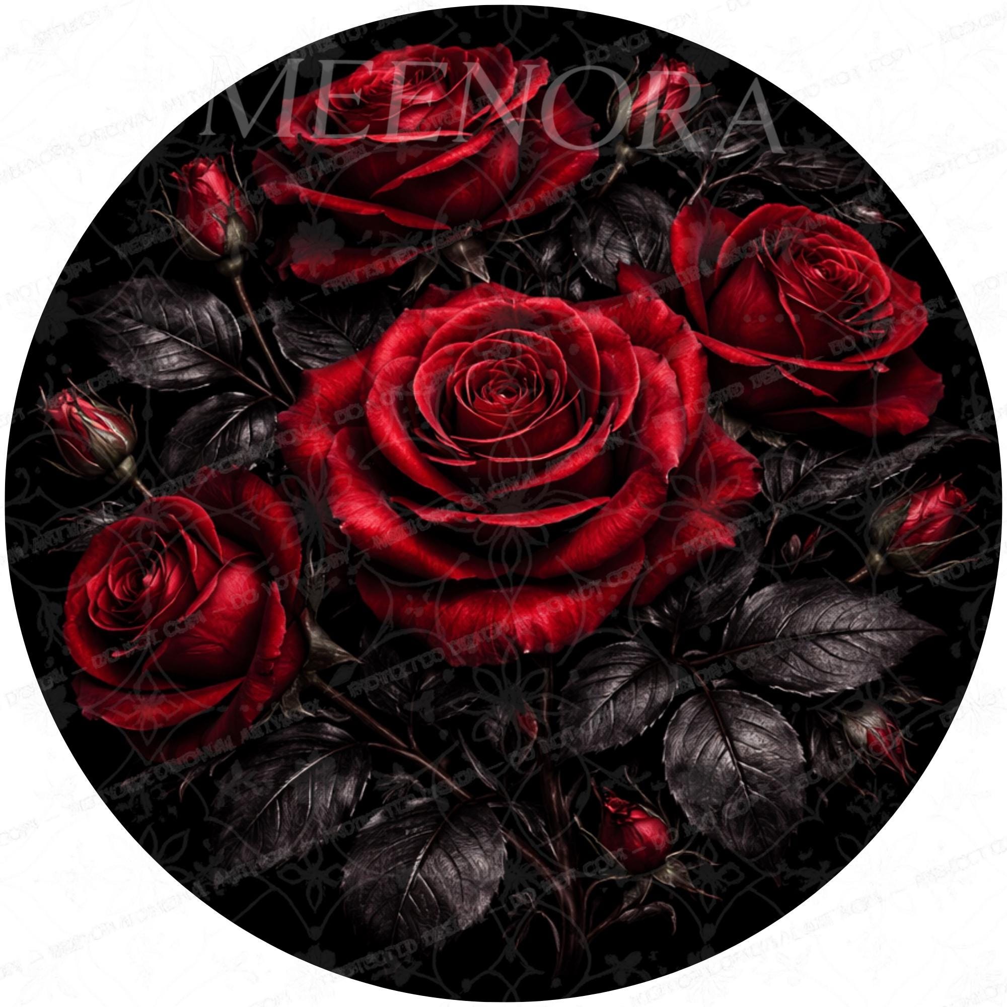 Printed Mango Wood Side Table | Dark Floral Red Rose Round End Table