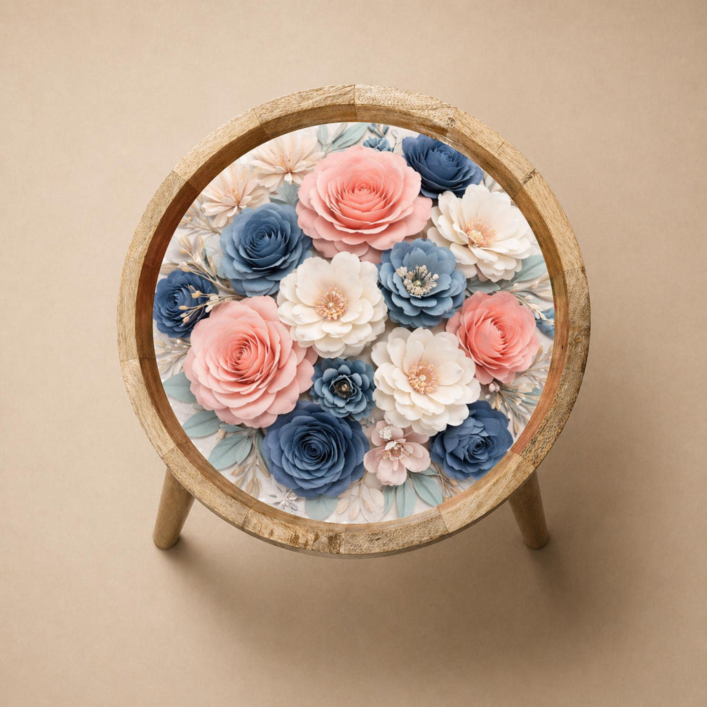 Handmade Mango Wood Side Stand with Floral Print and Glass Top