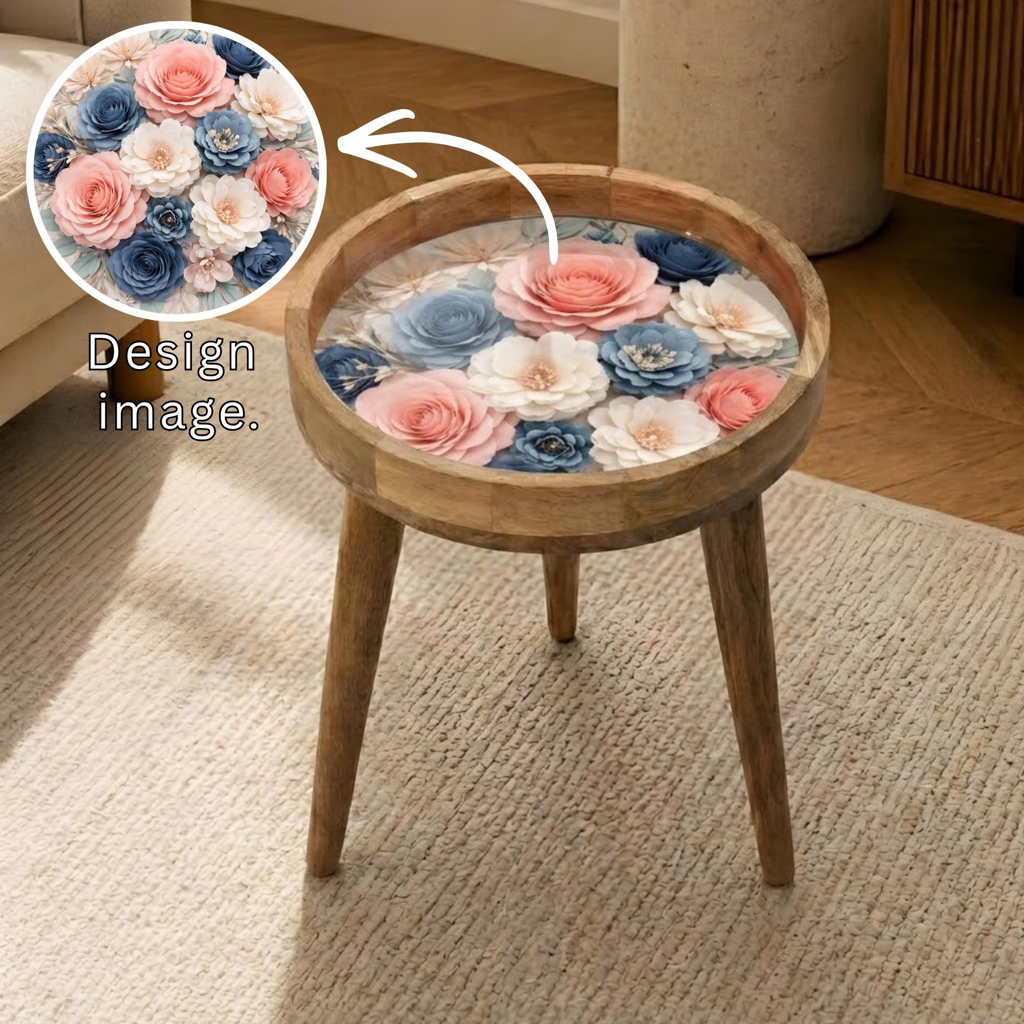Handmade Mango Wood Side Stand with Floral Print and Glass Top