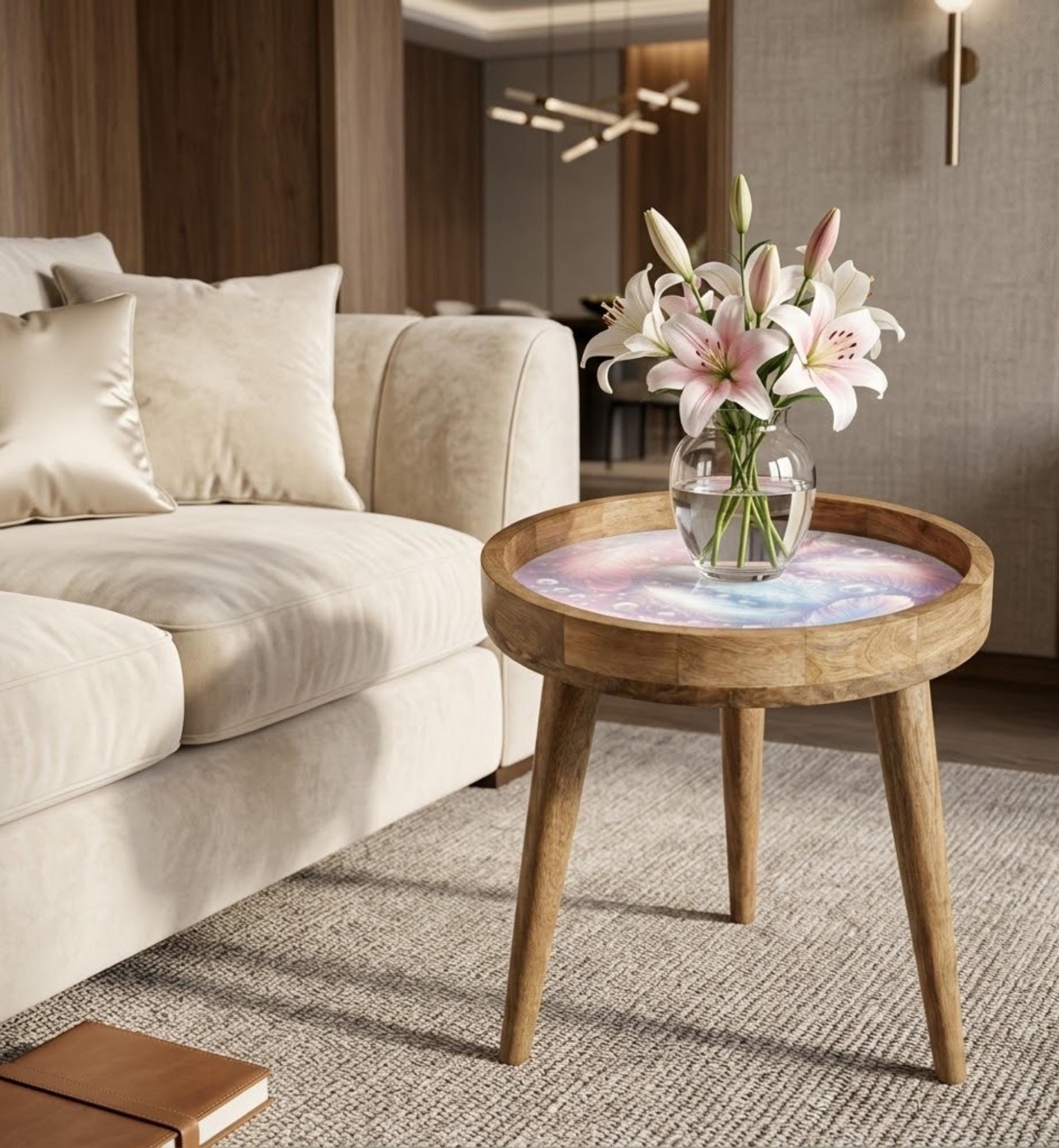 Printed Mango Wood Side Table | Dreamy Feather Round End Table | Handmade Nightstand