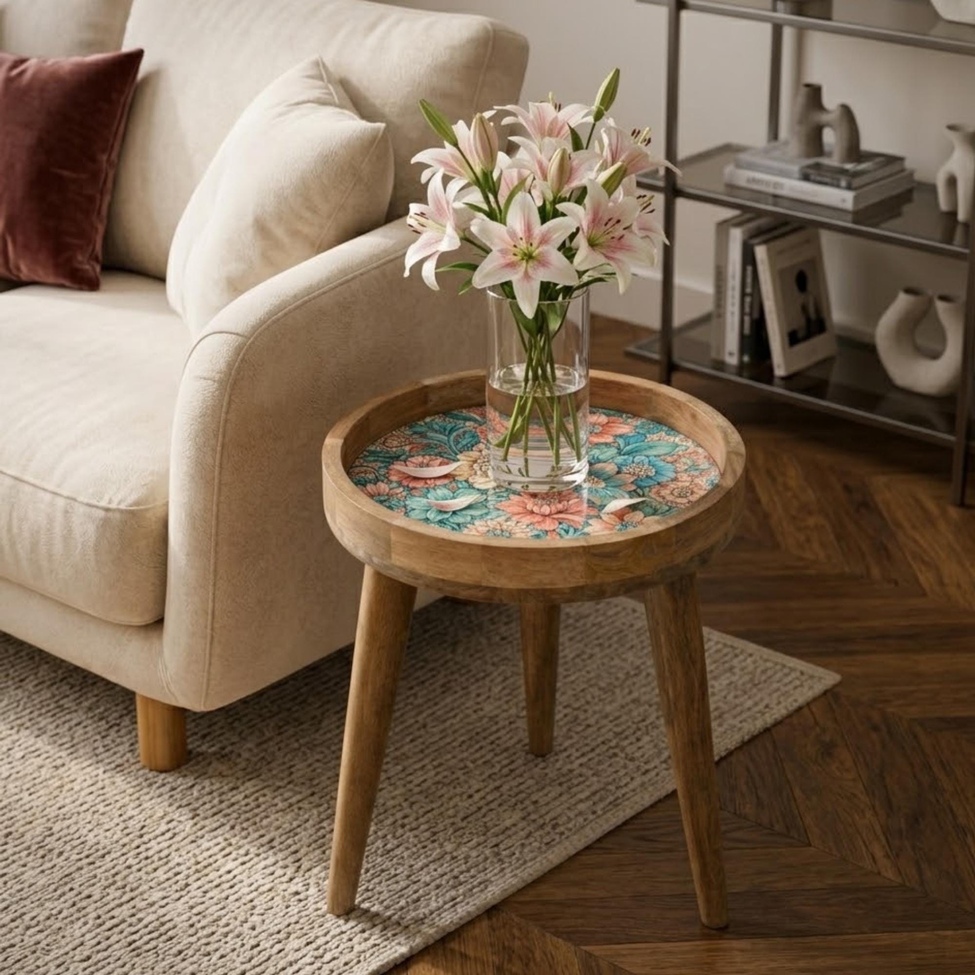 Mango Wood Side Table | Boho Floral Nightstand | Teal Pink Vintage (15" Diameter, 18" Height)