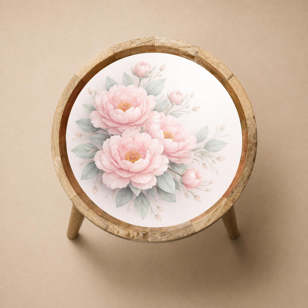 Mango Wood Floral Side Table | Pink Peony Glass Top Nightstand | Boho Bedroom Accent