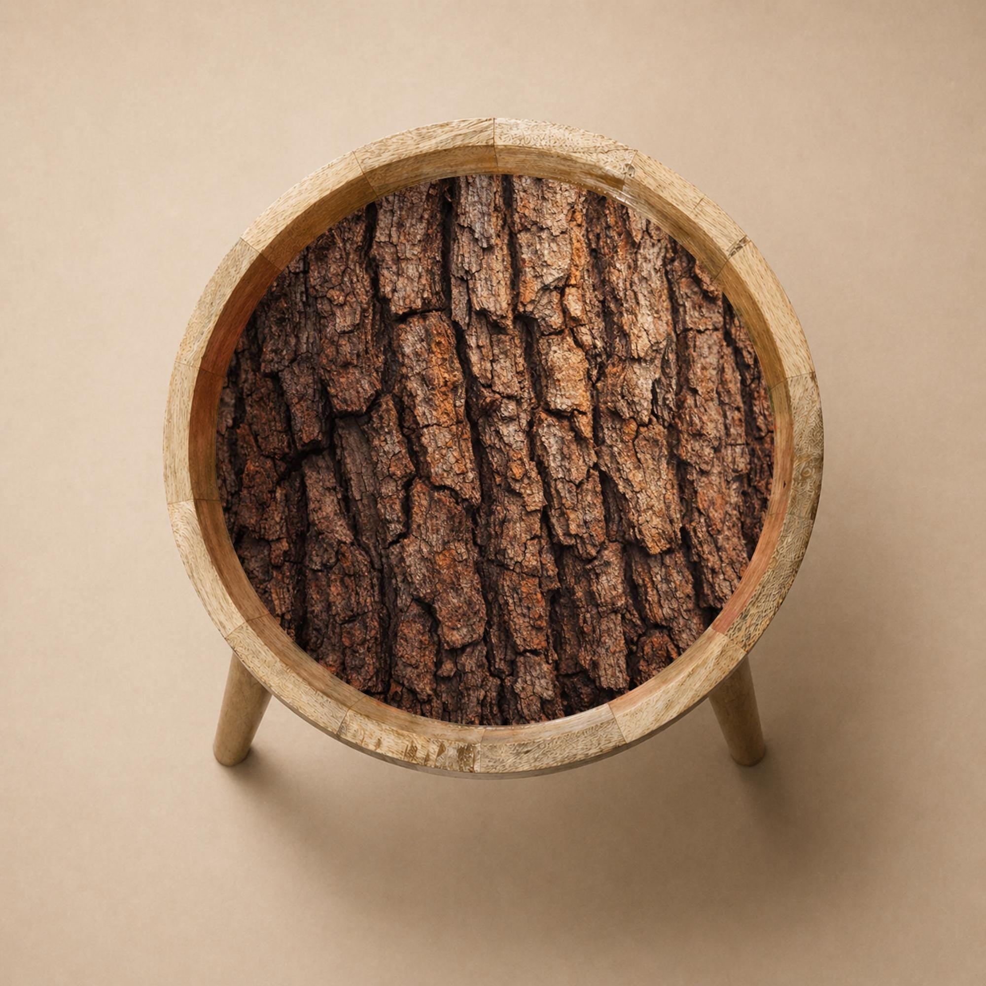 Handmade Mango Wood Round Side Stand | Rustic Printed End Furniture | Glass Top Accent Stool