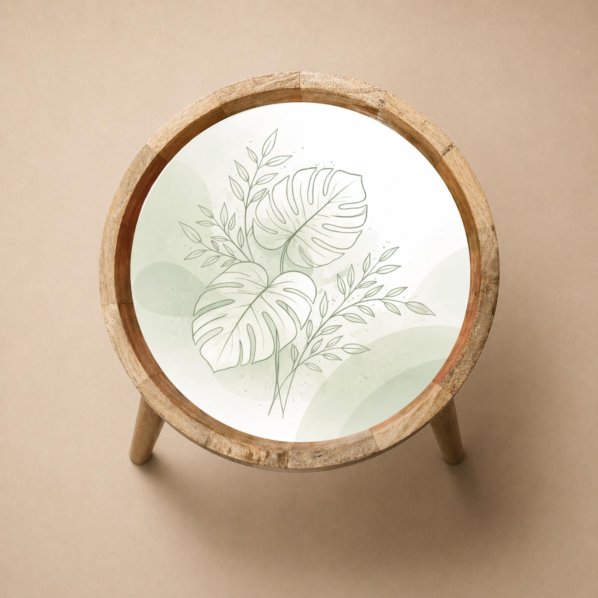 Mango Wood Side Table | Monstera Leaf Print, Glass Top Nightstand | Boho Tropical Accent