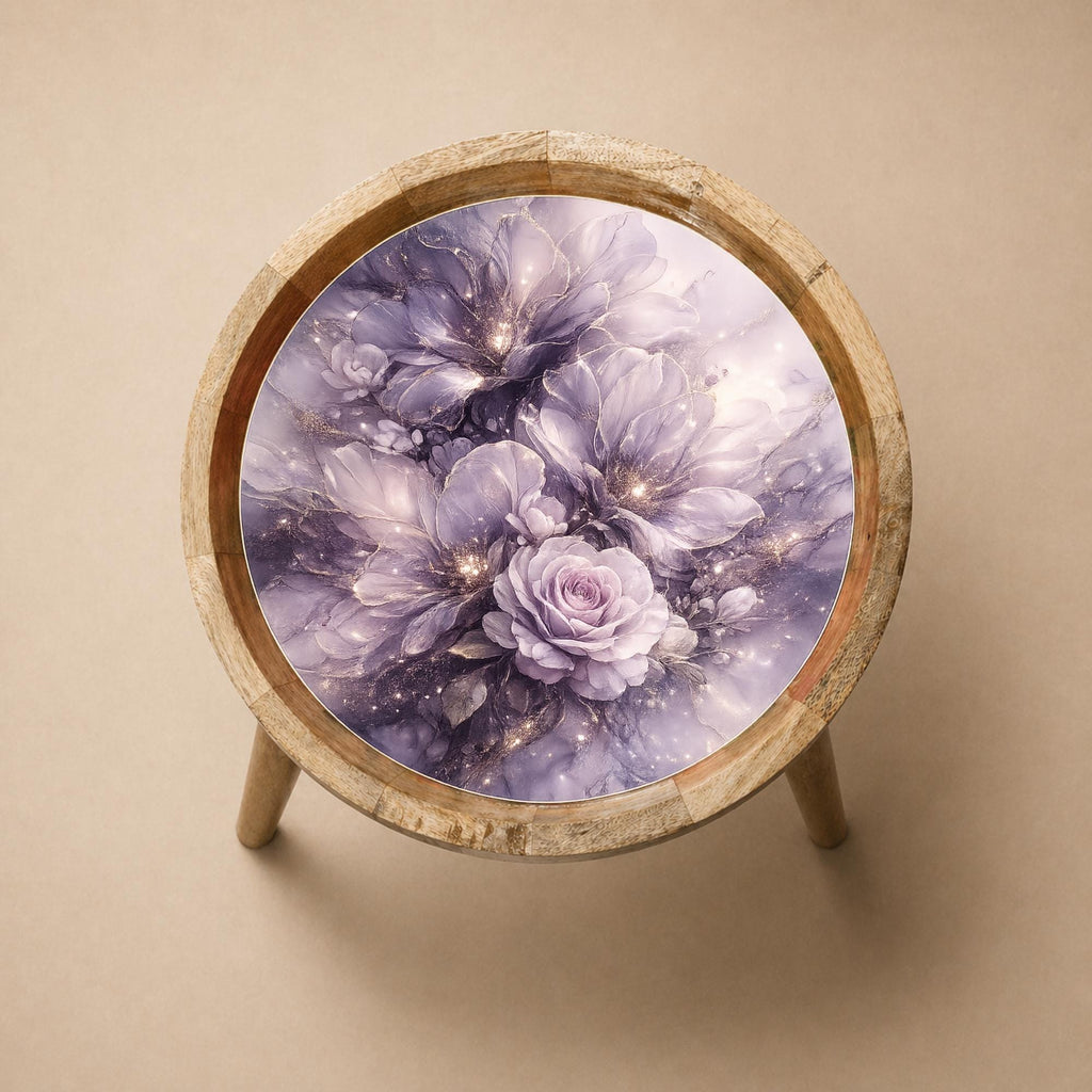 Handmade Mango Wood Side Table | Purple Rose Floral Art Top, Mid-Century Boho Home Decor