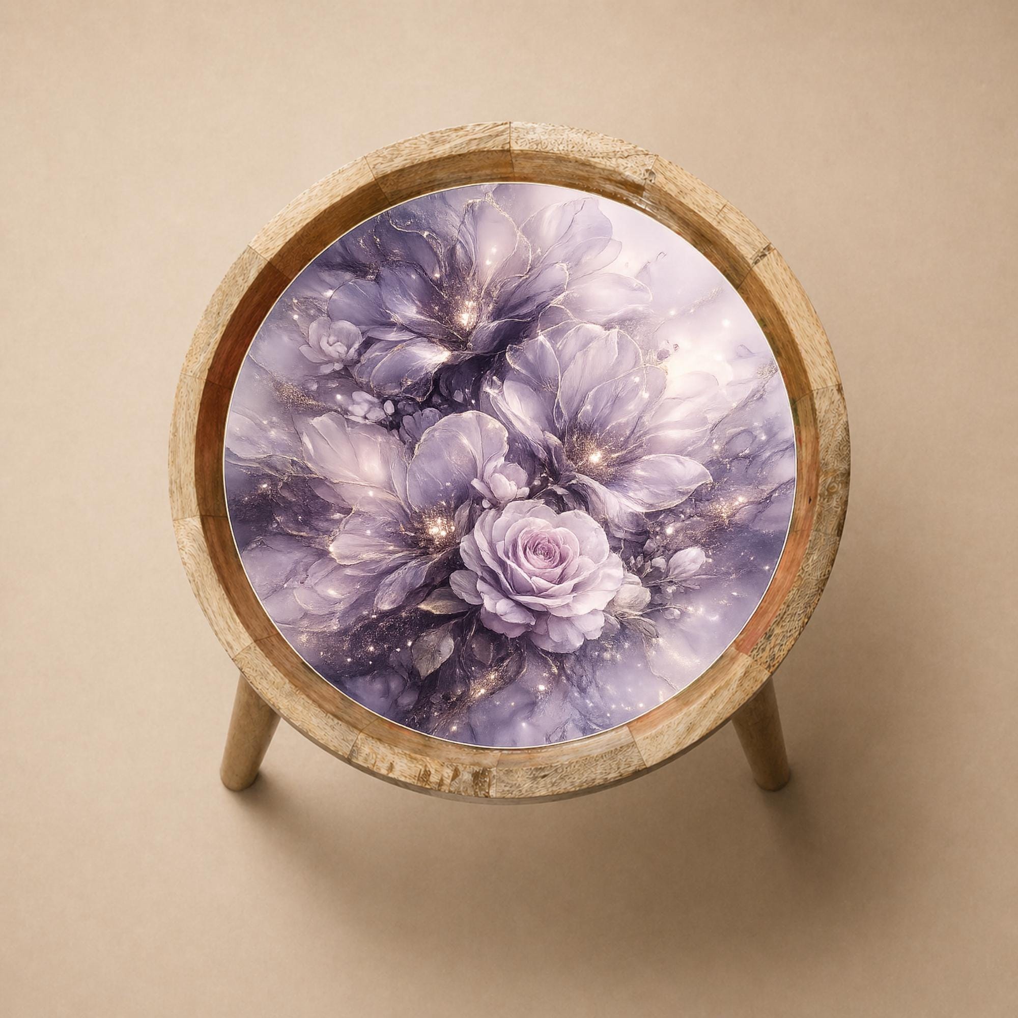Handmade Mango Wood Side Table | Purple Rose Floral Art Top, Mid-Century Boho Home Decor