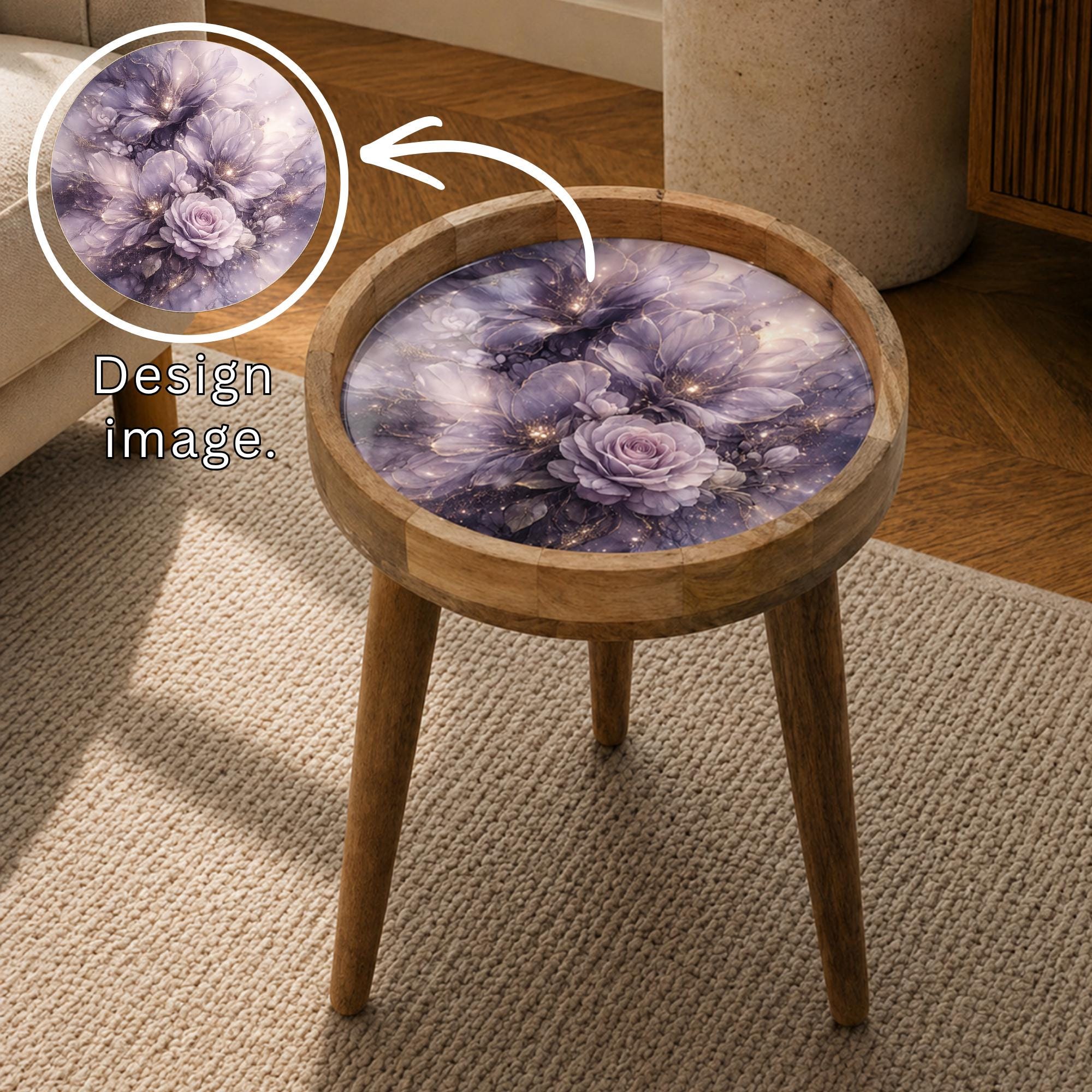 Handmade Mango Wood Side Table | Purple Rose Floral Art Top, Mid-Century Boho Home Decor