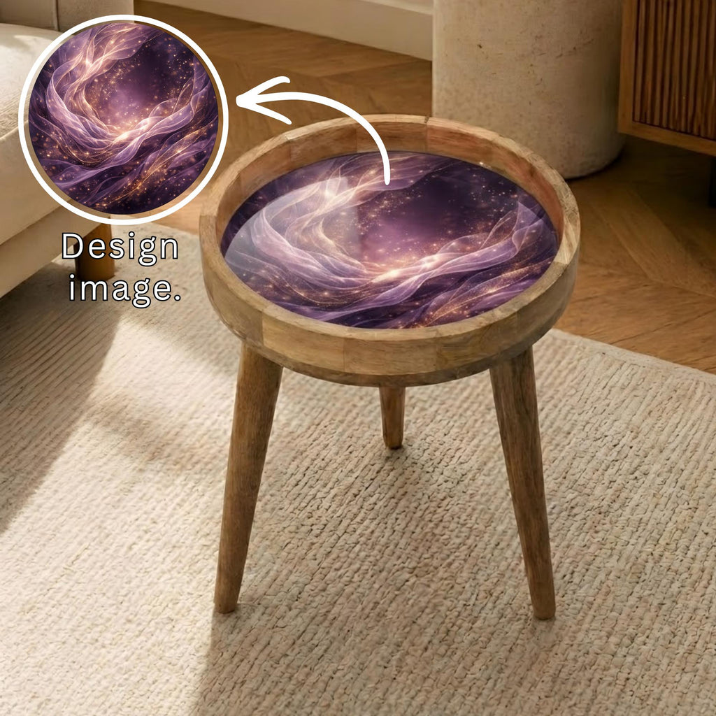 Handmade Mango Wood Side Table | Abstract Galaxy Glass Top Accent Furniture