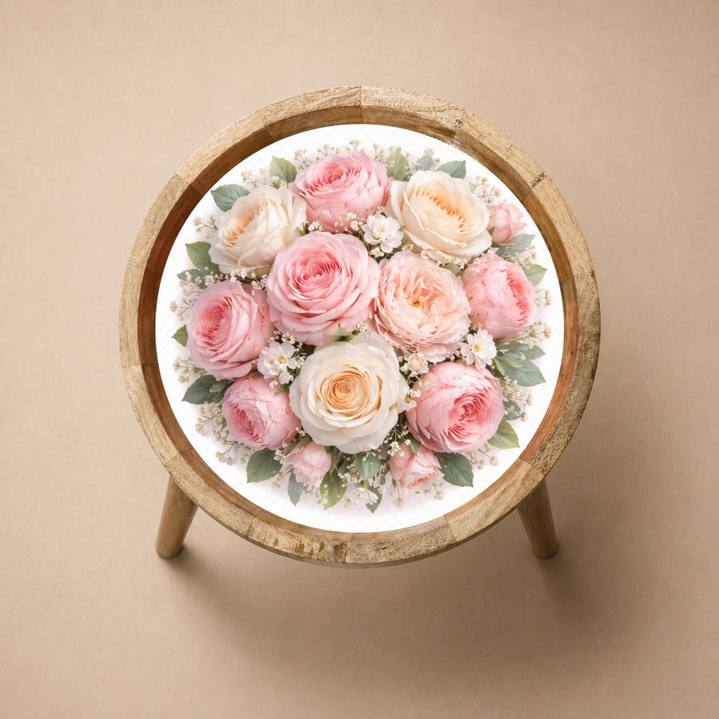 Handmade Mango Wood Side Stand | Floral Print Glass Top Accent Stool