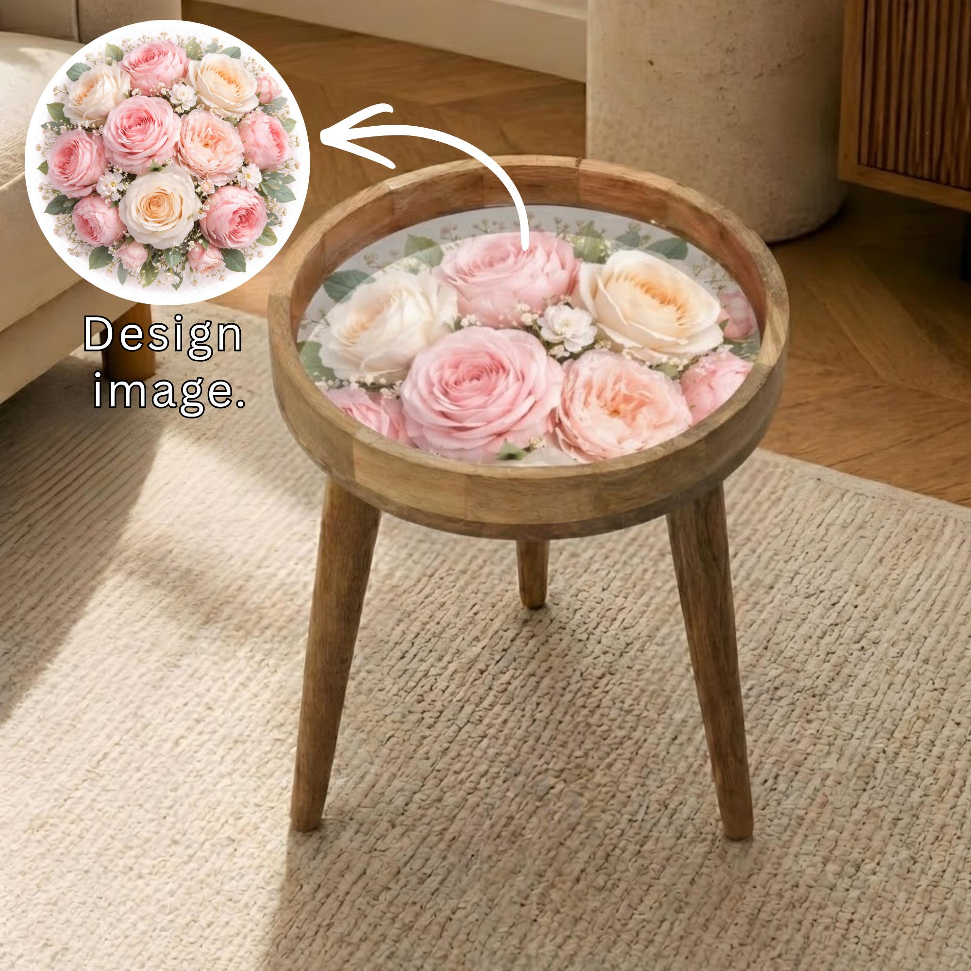 Handmade Mango Wood Side Stand | Floral Print Glass Top Accent Stool