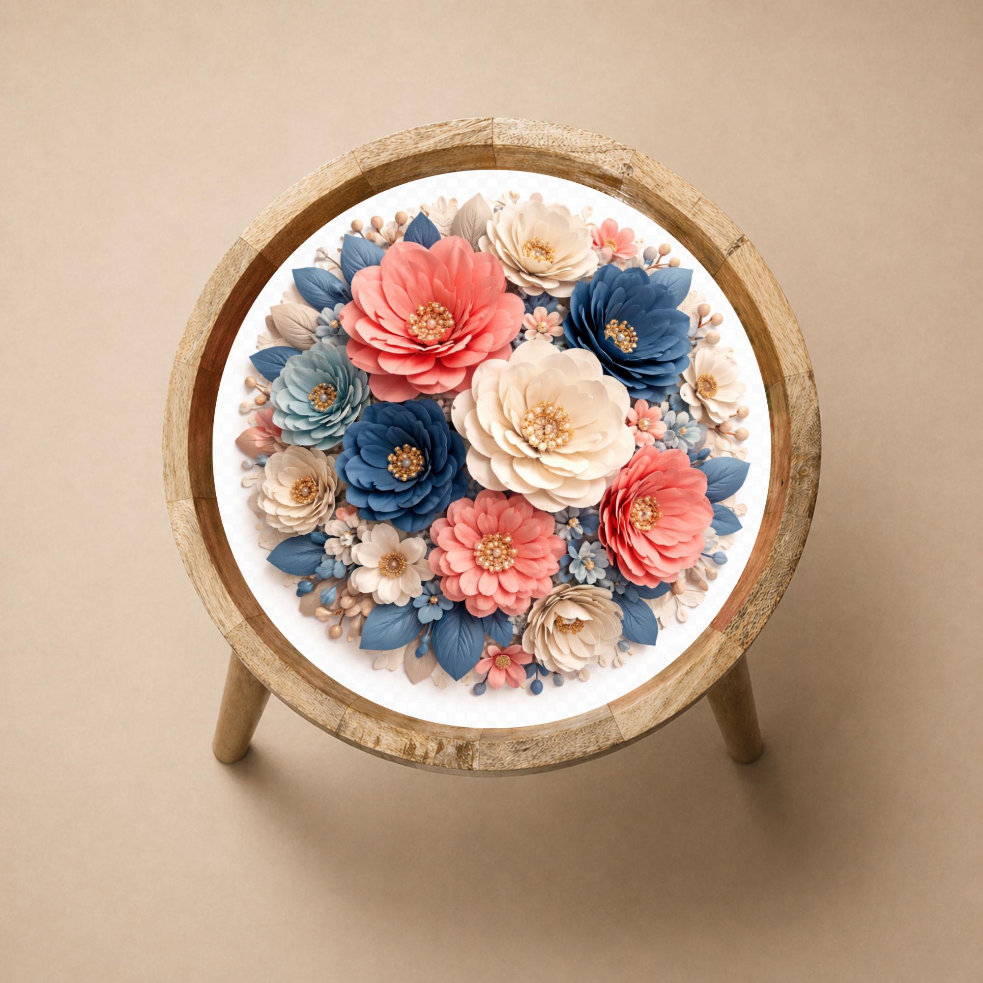 Handmade Floral Mango Wood Side Stool | Round End Stand Printed Art