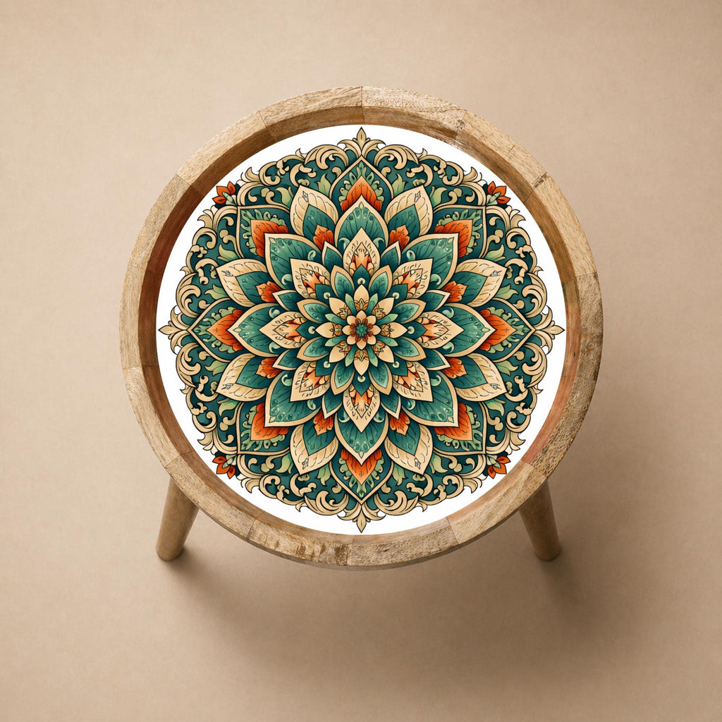 Handmade Mandala Mango Wood Side Stool | Round End Stand Printed Art