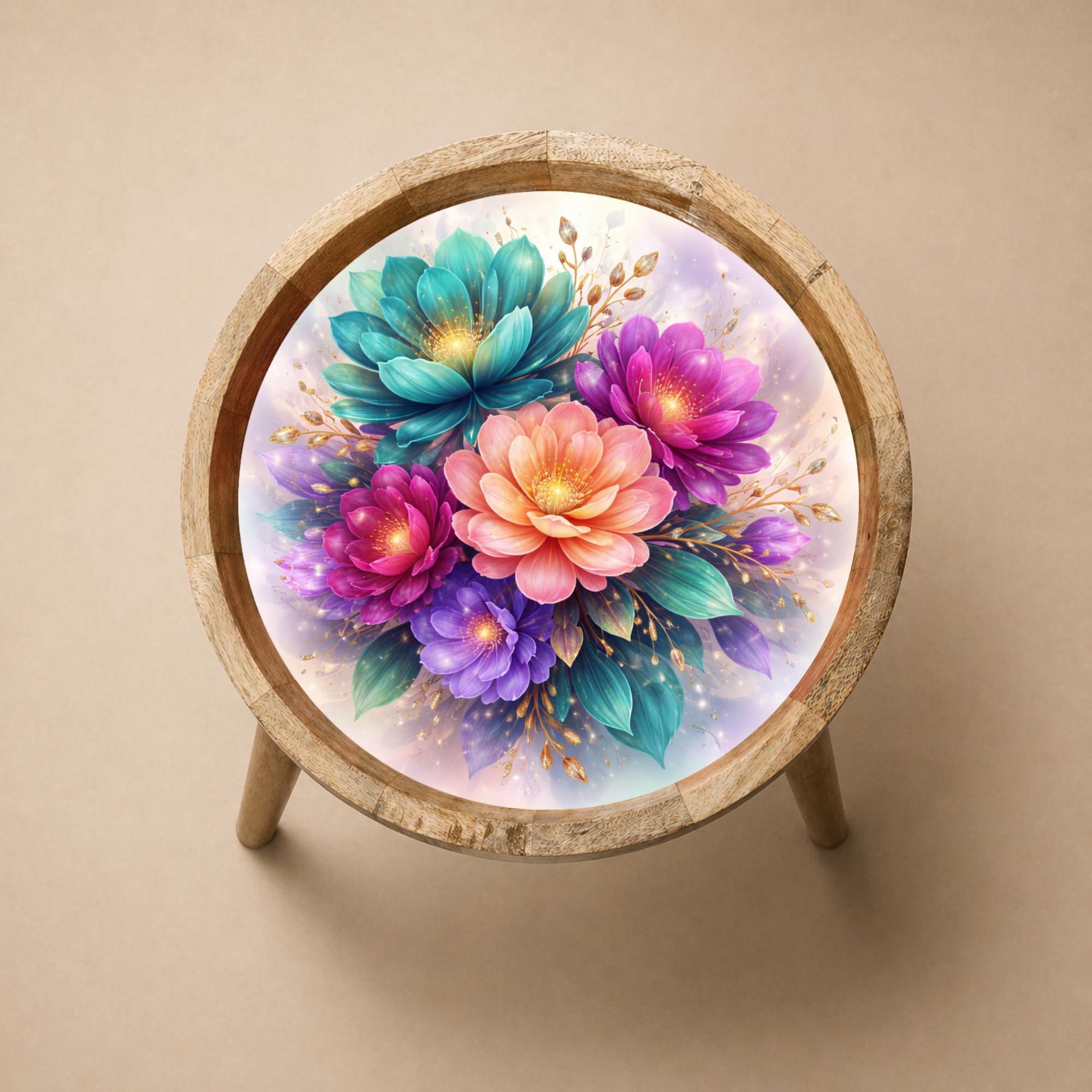 Handmade Floral Mango Wood Side Stand | Round End Accent Furniture | Printed Boho Bedside Decor