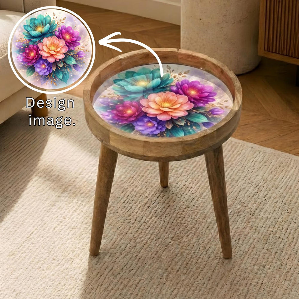 Handmade Floral Mango Wood Side Stand | Round End Accent Furniture | Printed Boho Bedside Decor