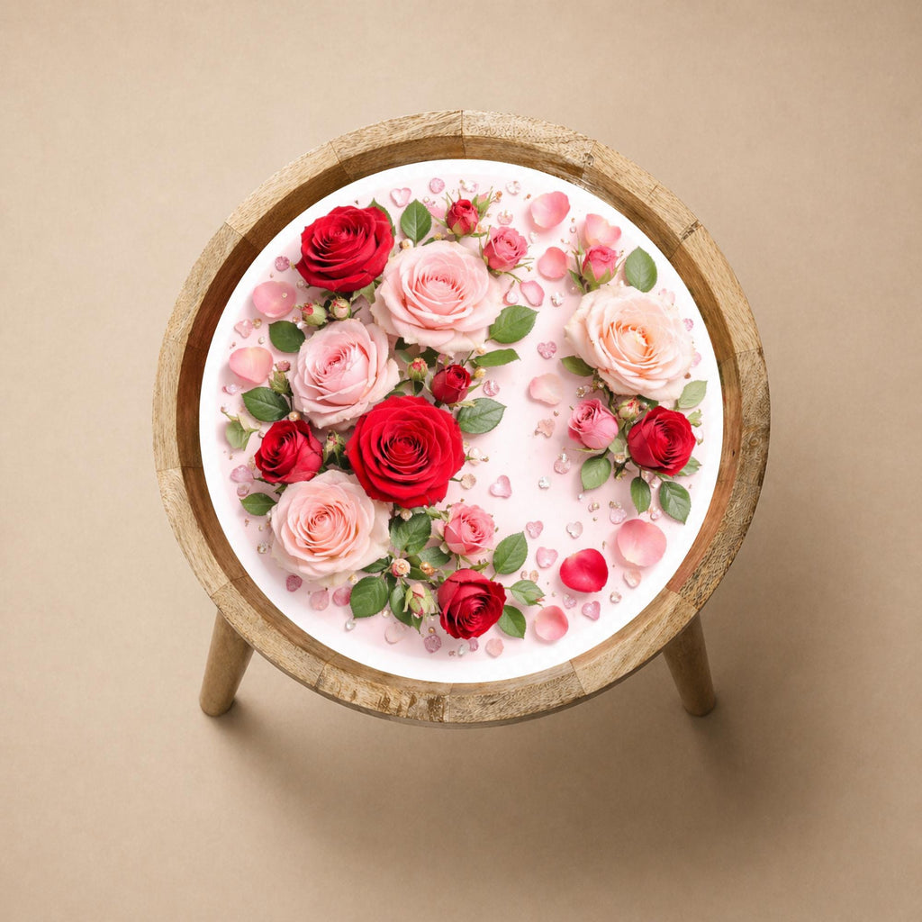 Handmade Mango Wood Side Table | Rose Printed Glass Top Accent Furniture