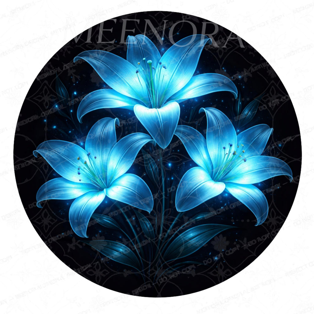 Handmade Mango Wood Side Table | Blue Floral Print, Round Glass Top Accent Furniture