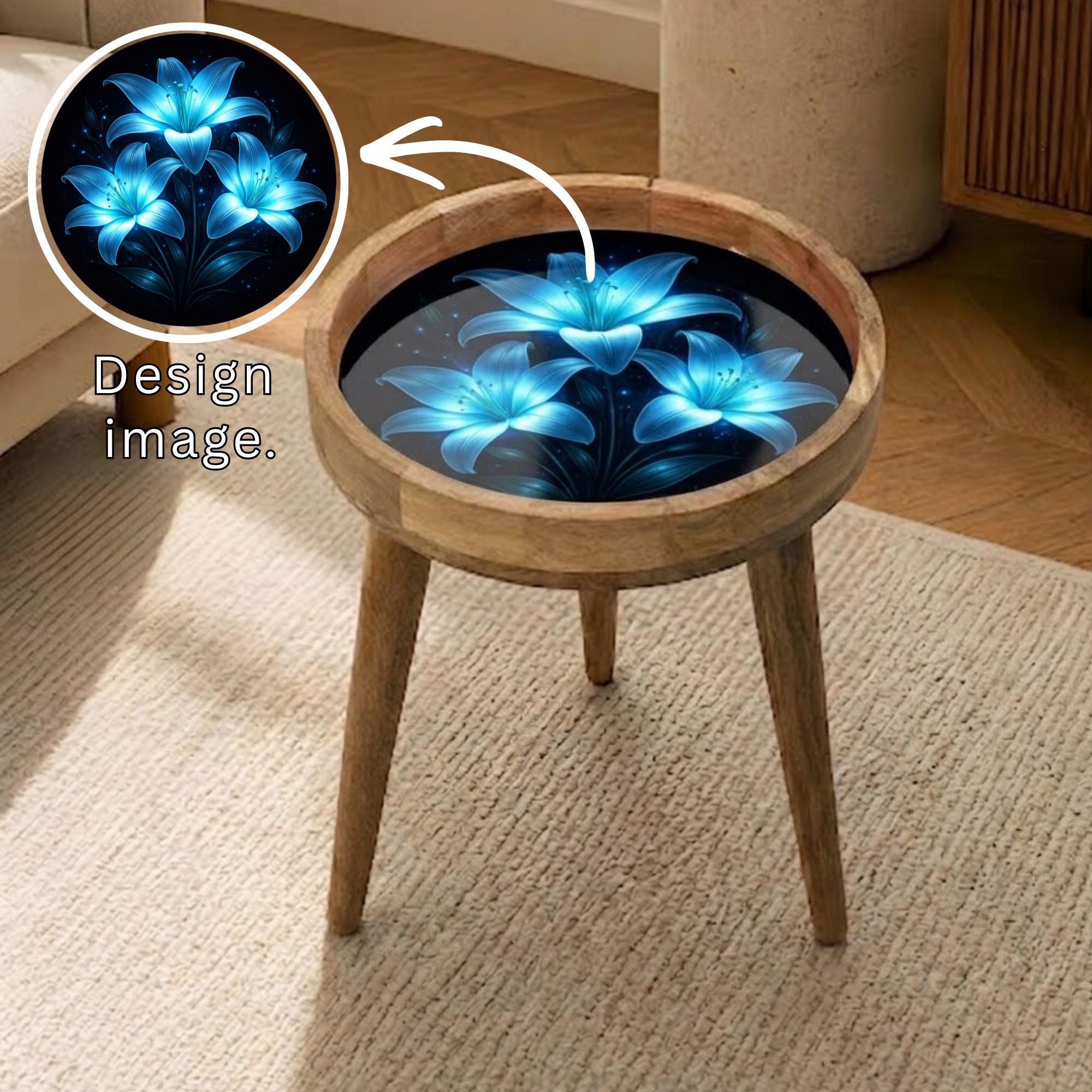 Handmade Mango Wood Side Table | Blue Floral Print, Round Glass Top Accent Furniture