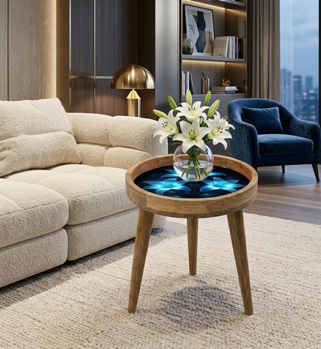 Handmade Mango Wood Side Table | Blue Floral Print, Round Glass Top Accent Furniture
