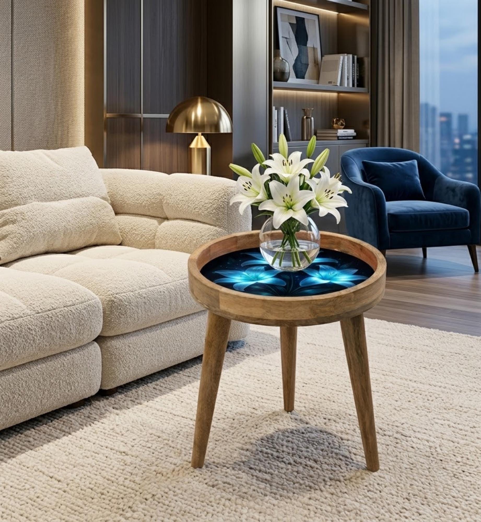 Handmade Mango Wood Side Table | Blue Floral Print, Round Glass Top Accent Furniture