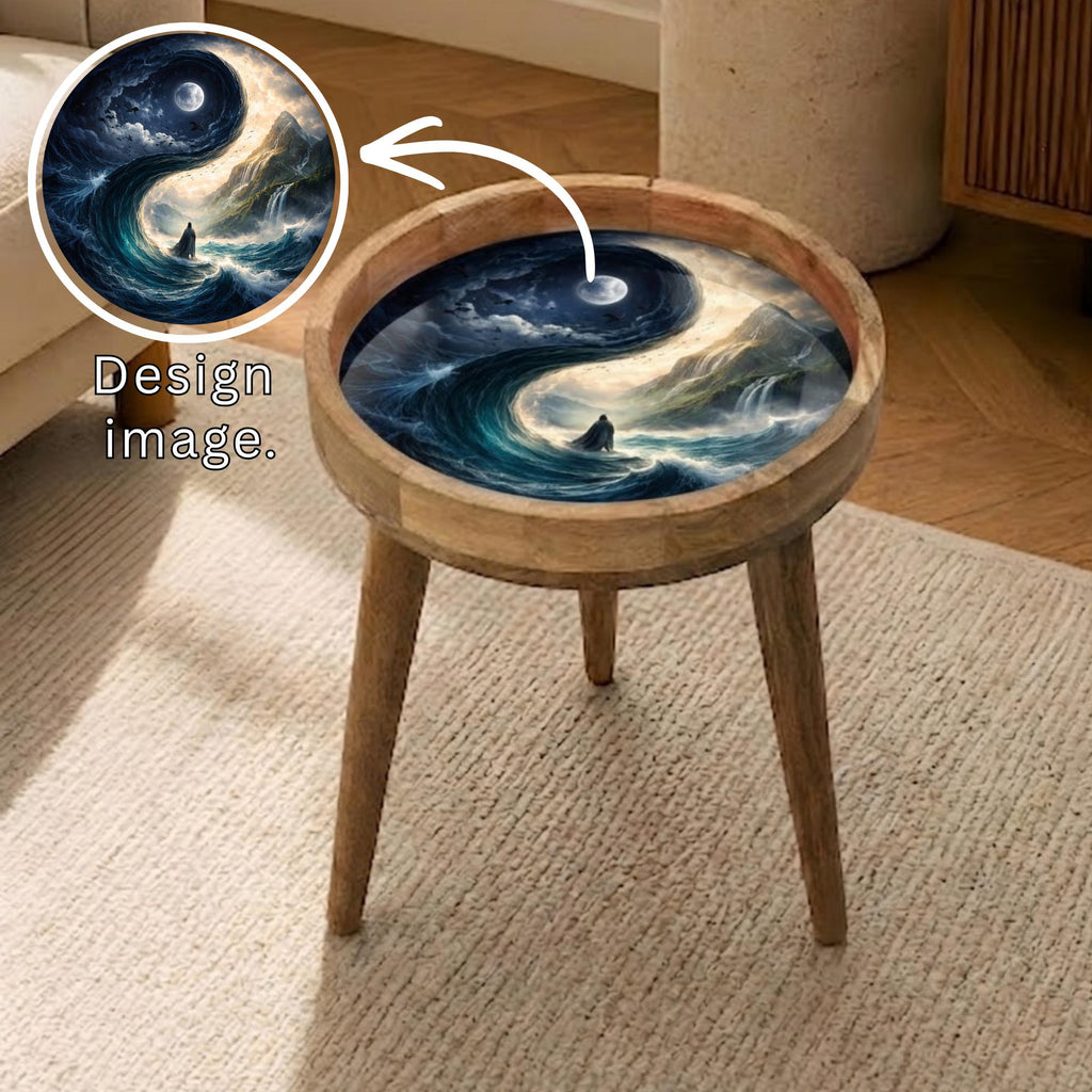 Handmade Ocean Wave Art Printed Mango Wood Side Stand | Coastal Decor Stool