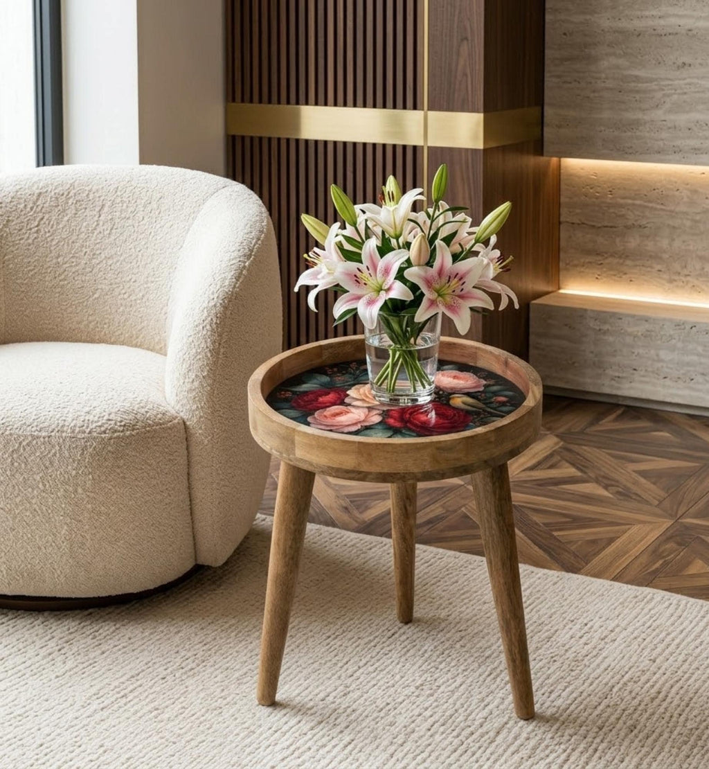 Handmade Mango Wood Side Stand | Floral Art Printed Round Accent Furniture