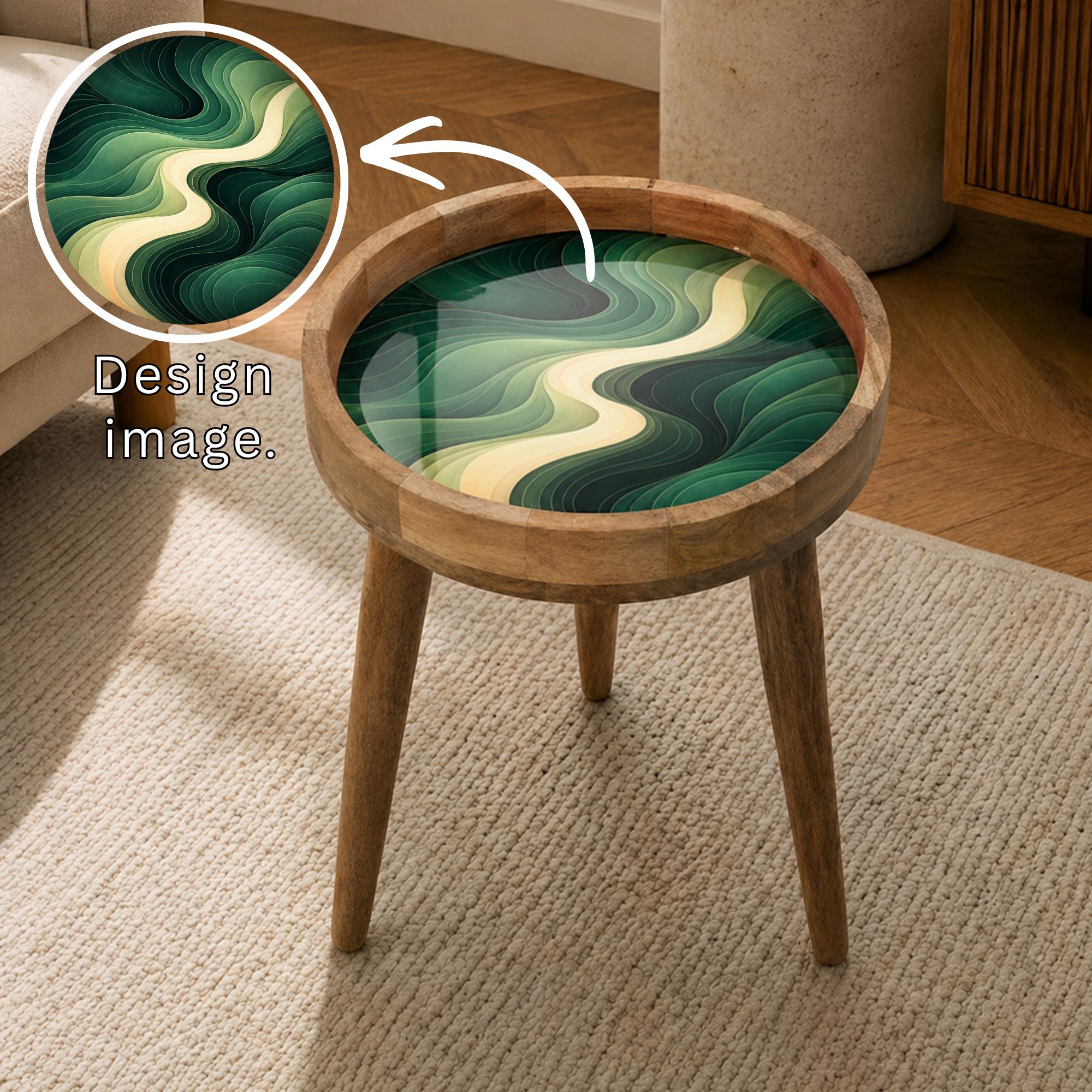 Handmade Ocean Wave Art Printed Mango Wood Side Stand | Coastal Decor Stool