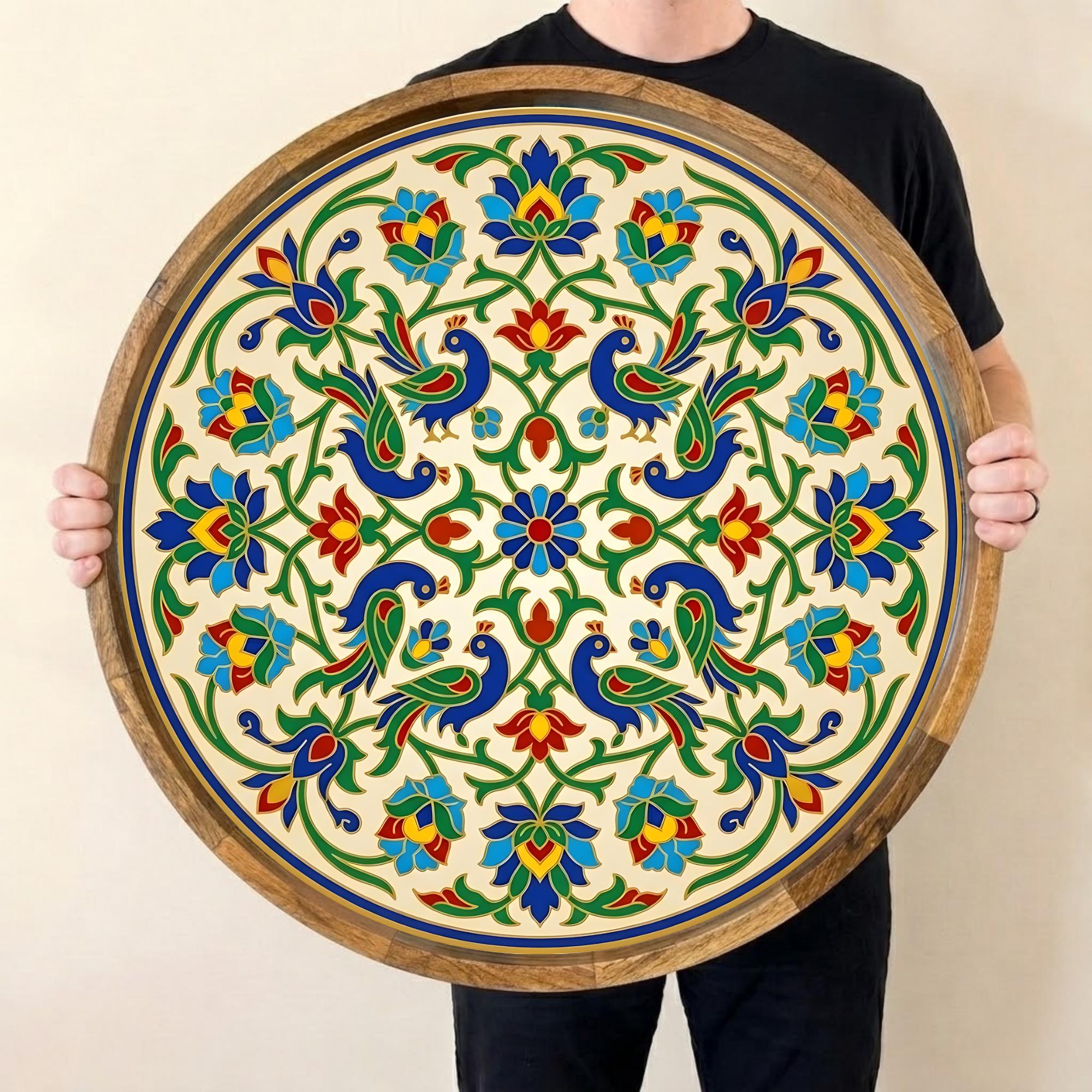 Floral Printed Wooden Serving Platter | Round Tea Coffee Decor | Colorful Home Gift