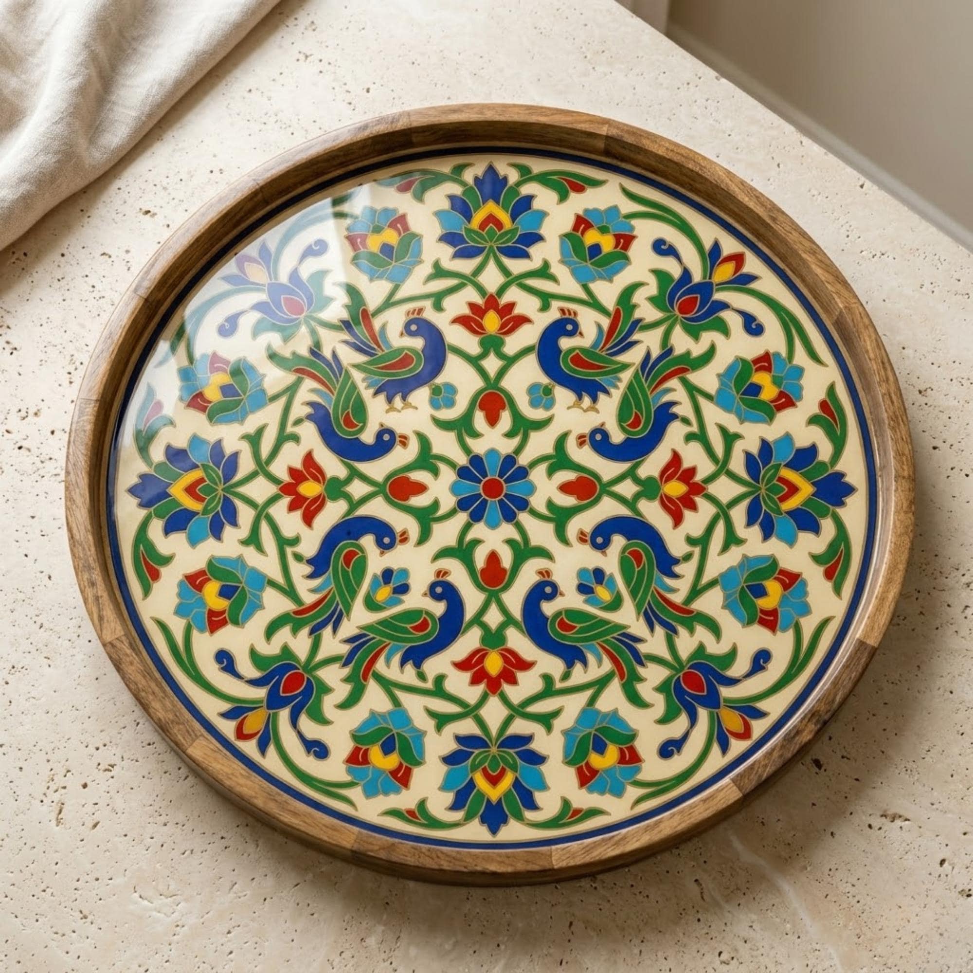 Floral Printed Wooden Serving Platter | Round Tea Coffee Decor | Colorful Home Gift