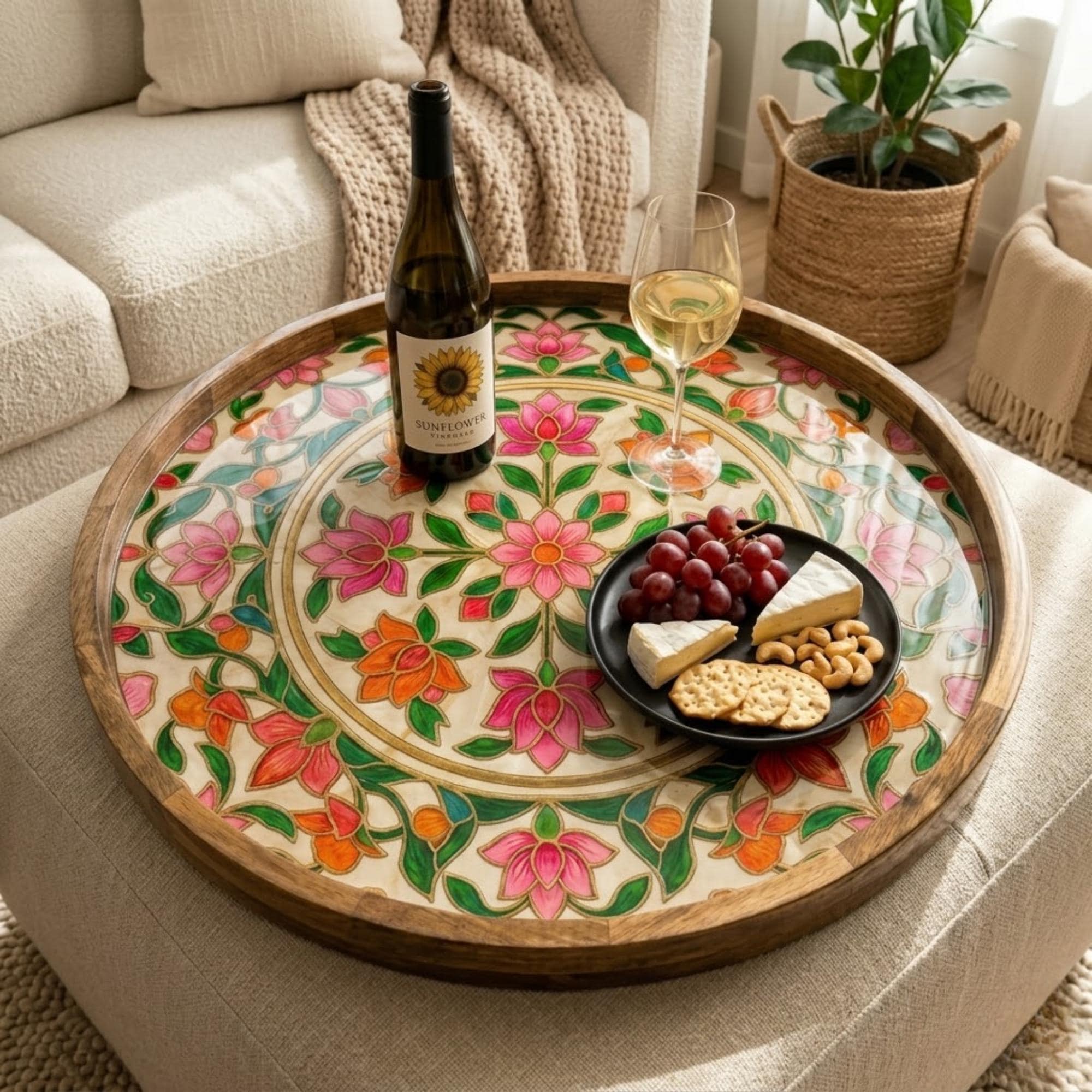 Colorful Floral Wooden Tray Printed | Mango Wood Round Tea Serving Decor