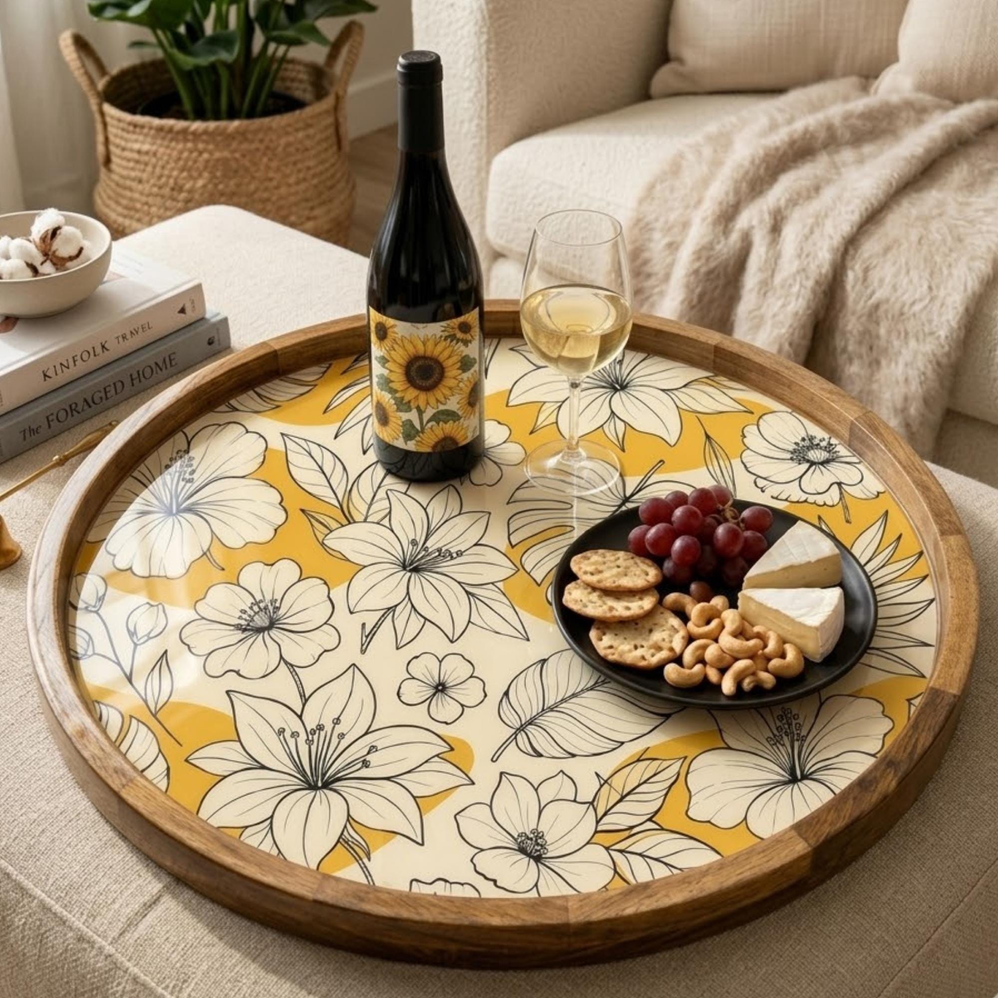 Yellow Floral Wooden Tray Printed | Mango Wood Round Tea Serving Decor