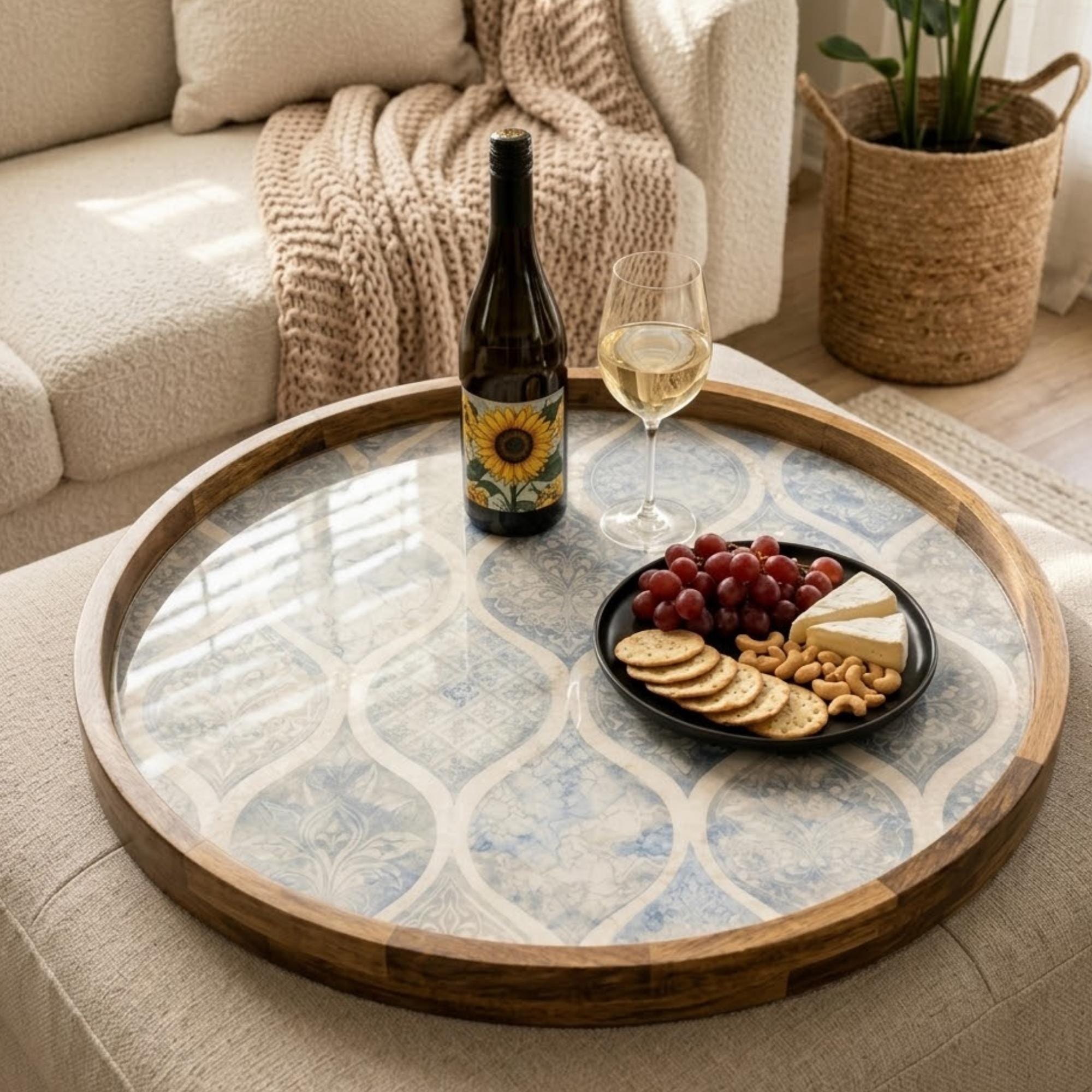 Blue Pattern Wooden Tray Printed | Mango Wood Round Tea Serving Decor