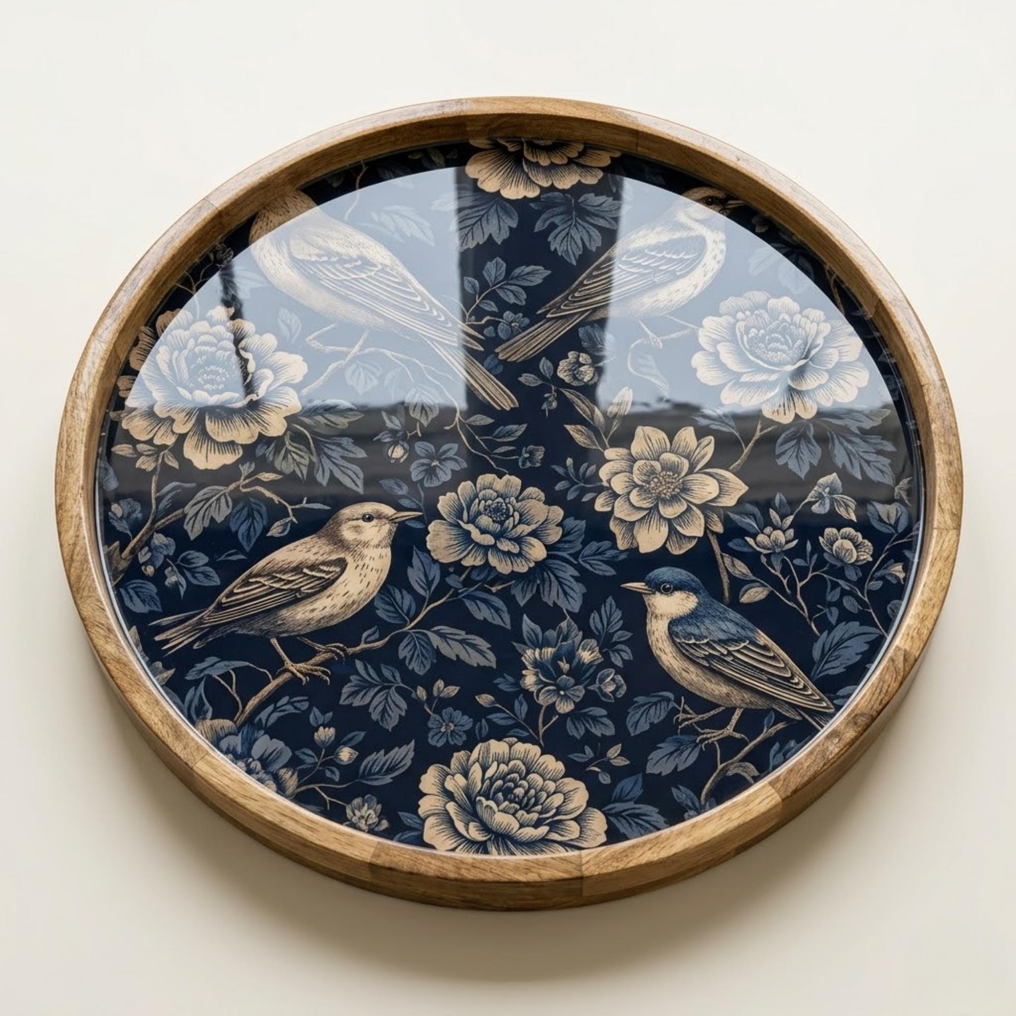 Blue Floral Wooden Serving Platter | Printed Mango Wood | Round Tea Coffee Decor Gift