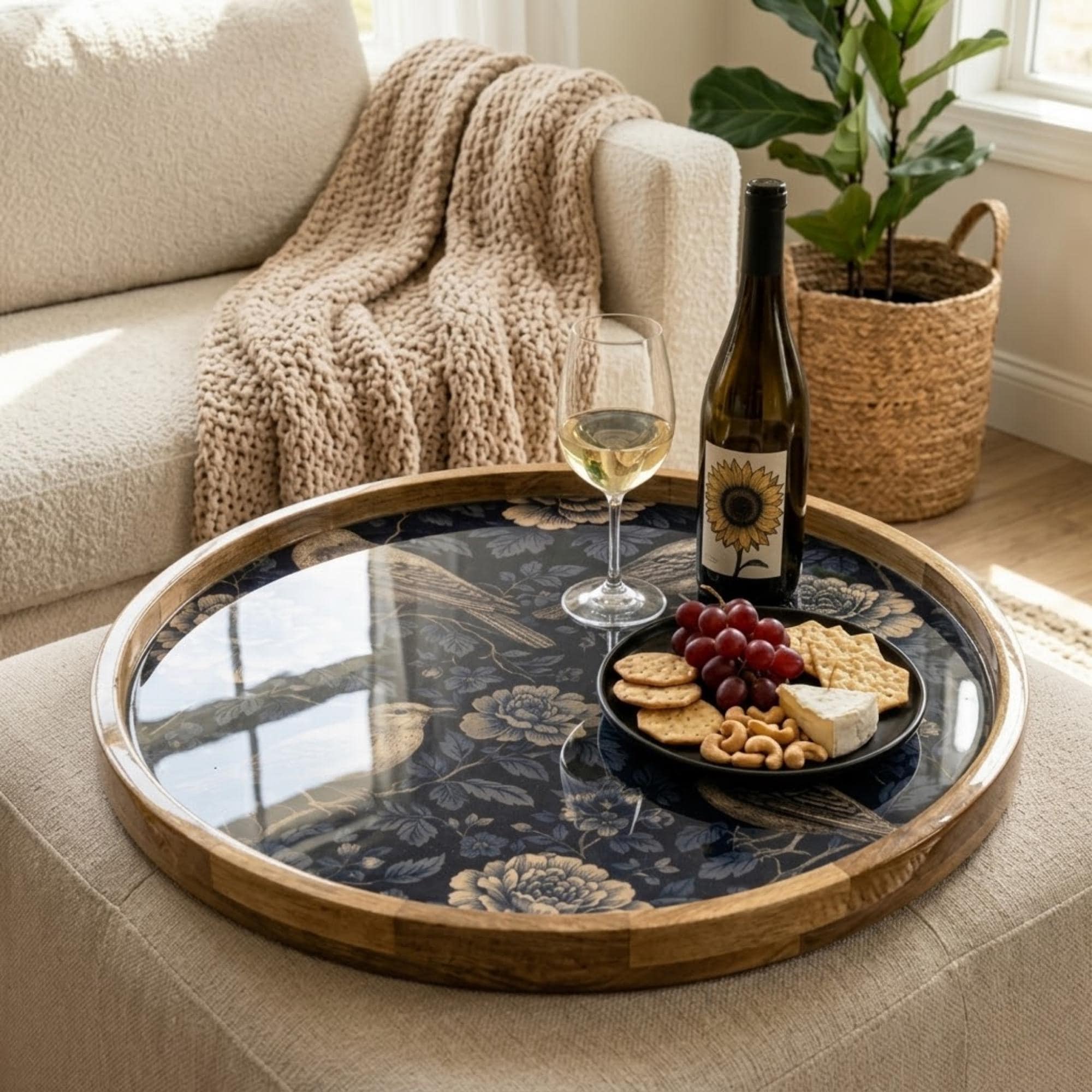 Blue Floral Wooden Serving Platter | Printed Mango Wood | Round Tea Coffee Decor Gift