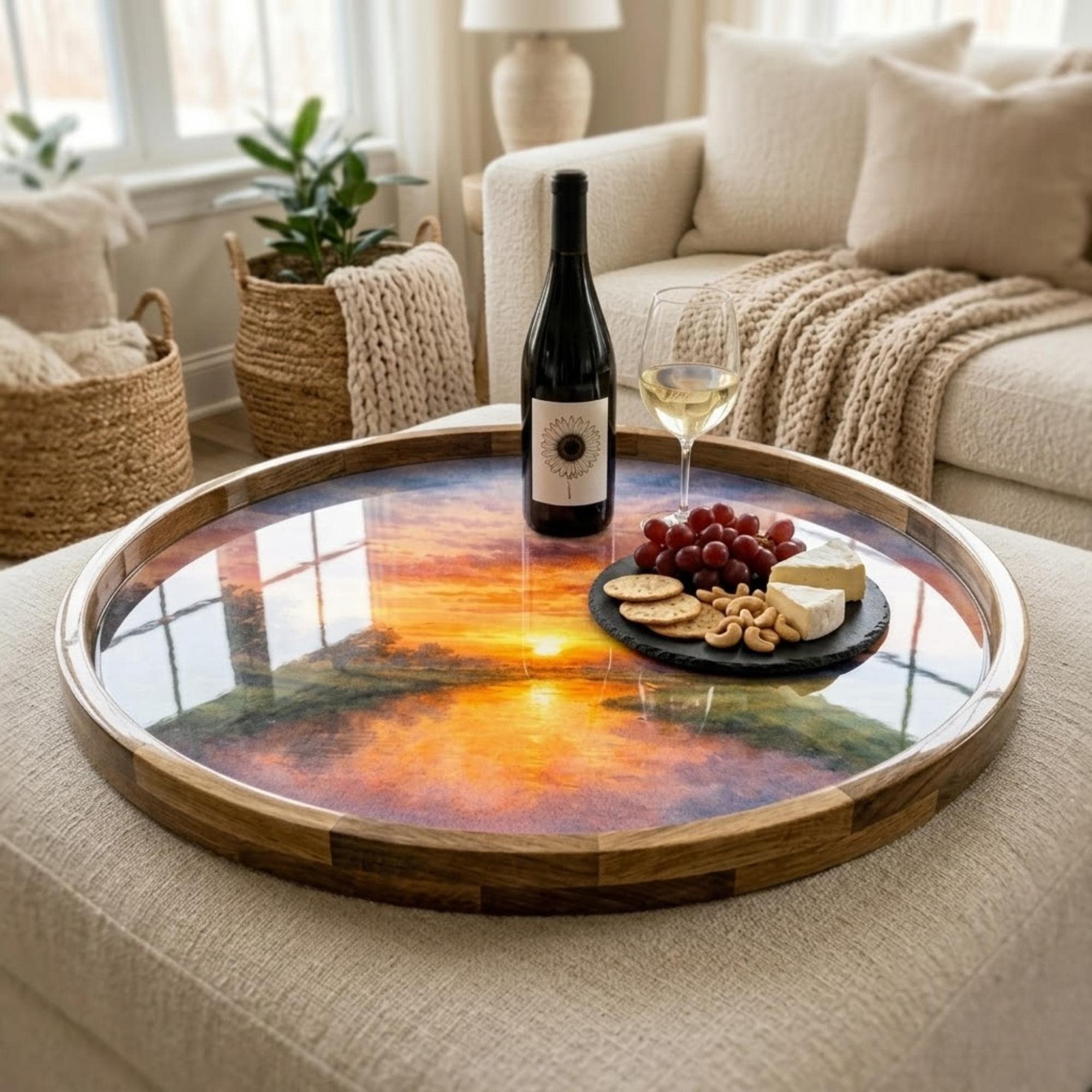 Sunset Landscape Wooden Serving Platter | Printed Mango Wood | Round Tea Coffee Decor Gift