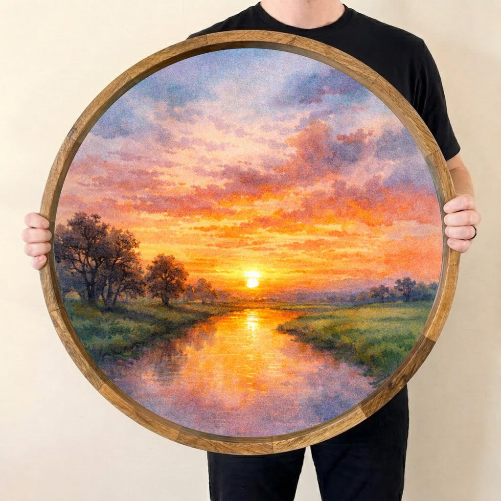 Sunset Landscape Wooden Serving Platter | Printed Mango Wood | Round Tea Coffee Decor Gift