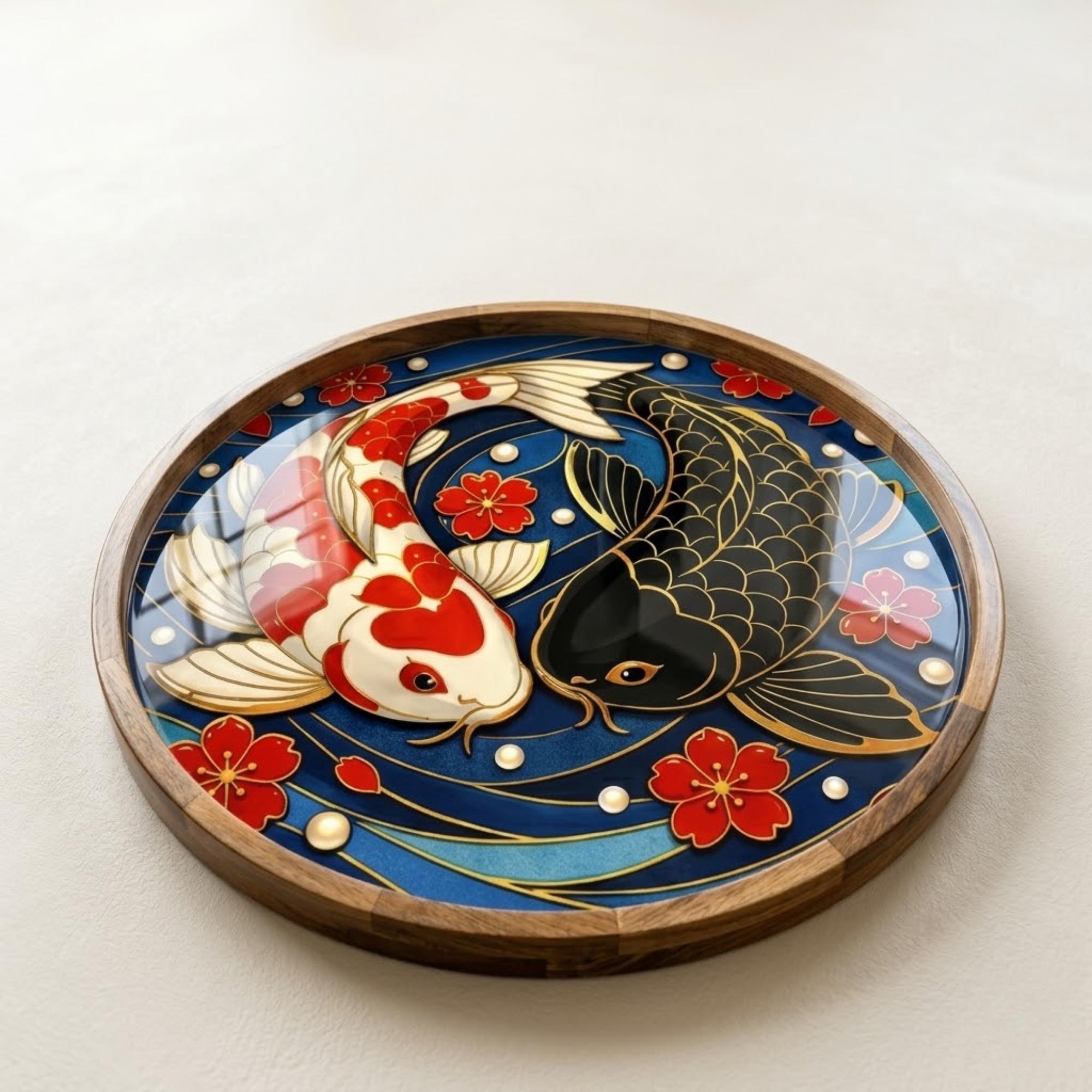 Japanese Crane Wooden Serving Platter | Printed Mango Wood | Round Tea Coffee Decor Gift