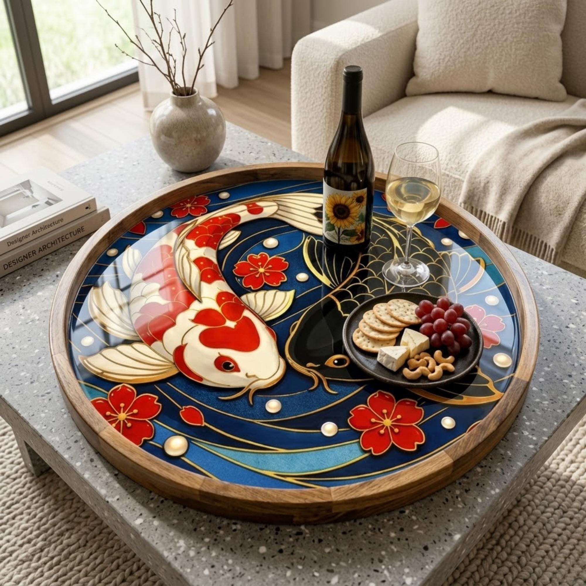 Japanese Crane Wooden Serving Platter | Printed Mango Wood | Round Tea Coffee Decor Gift