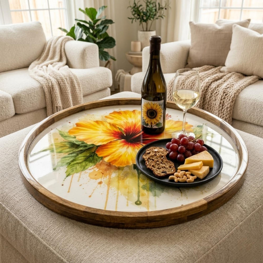 Hibiscus Flower Wooden Tray | Mango Wood Printed Coffee Table Decor | Floral Tea Platter