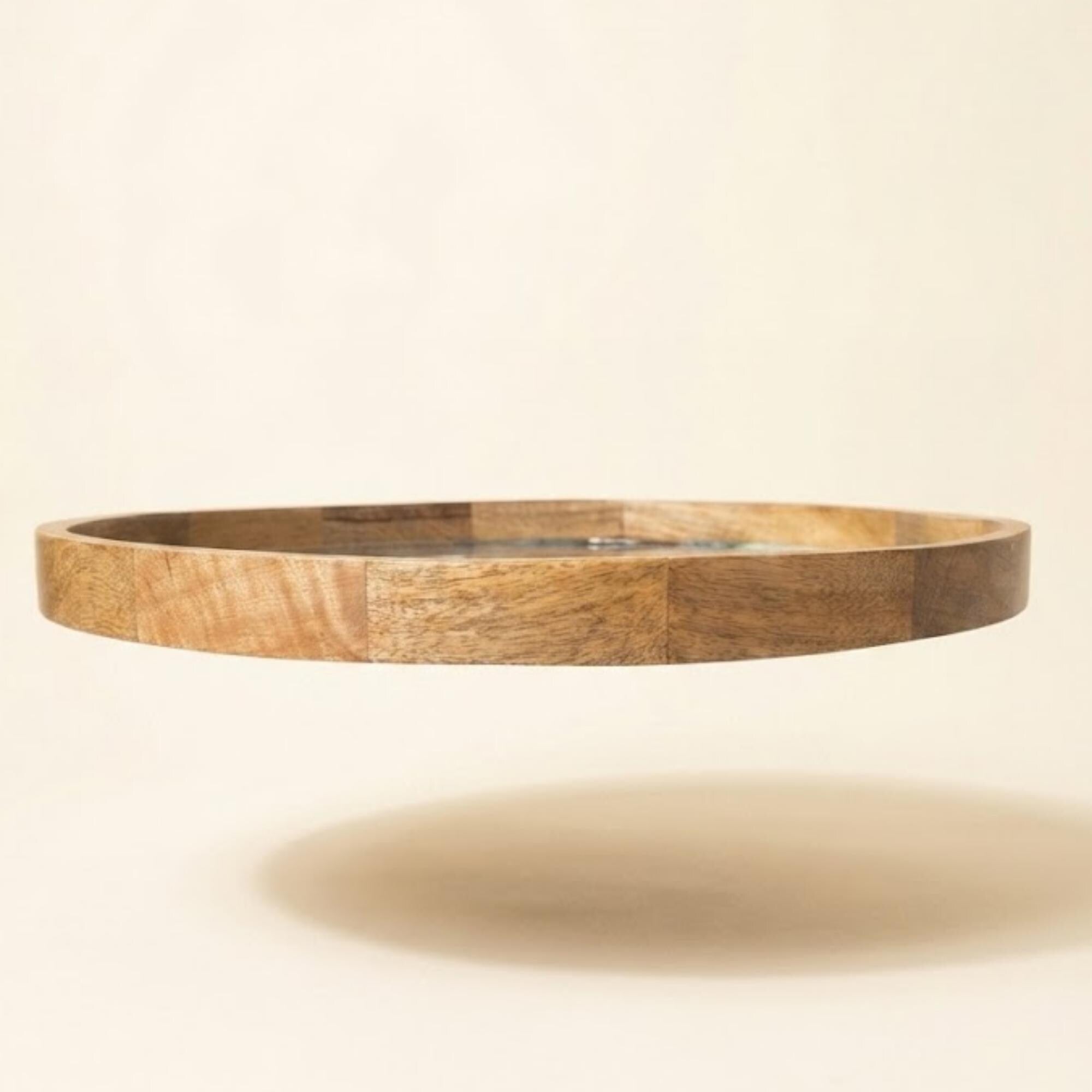 Emerald Marble Print Mango Wood Round Tray | Luxury Ottoman Coffee Table Decor