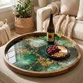 Emerald Marble Print Mango Wood Round Tray | Luxury Ottoman Coffee Table Decor
