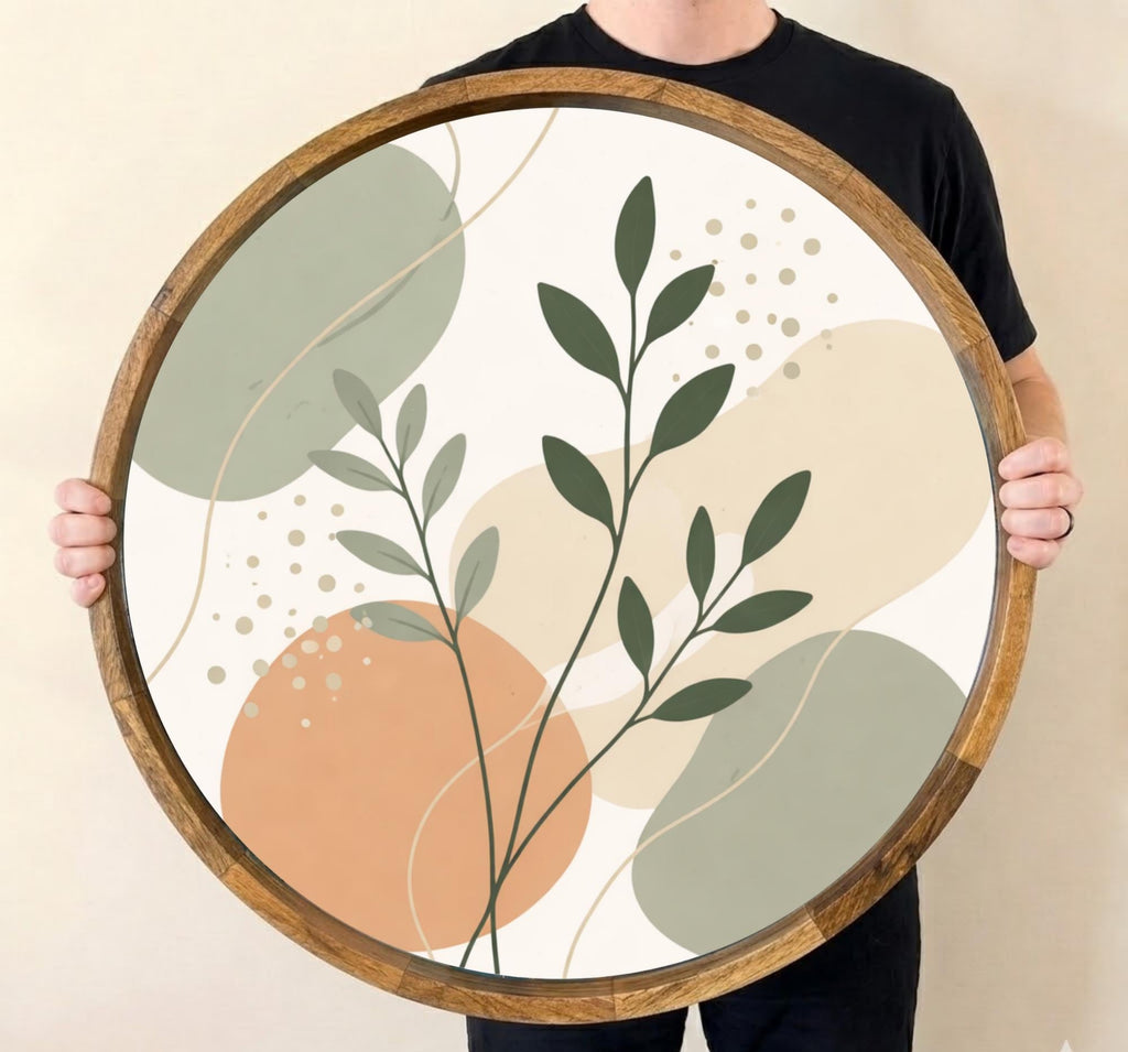 Botanical Mango Wood Serving Tray | Sage Green Leaf Print Ottoman Tray