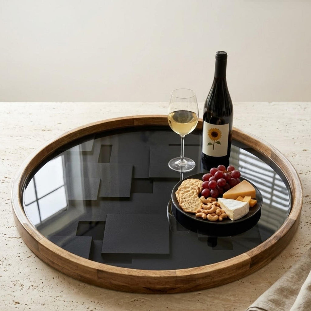 Black Mango Wood Serving Tray | Modern Minimalist Ottoman Coffee Table Decor